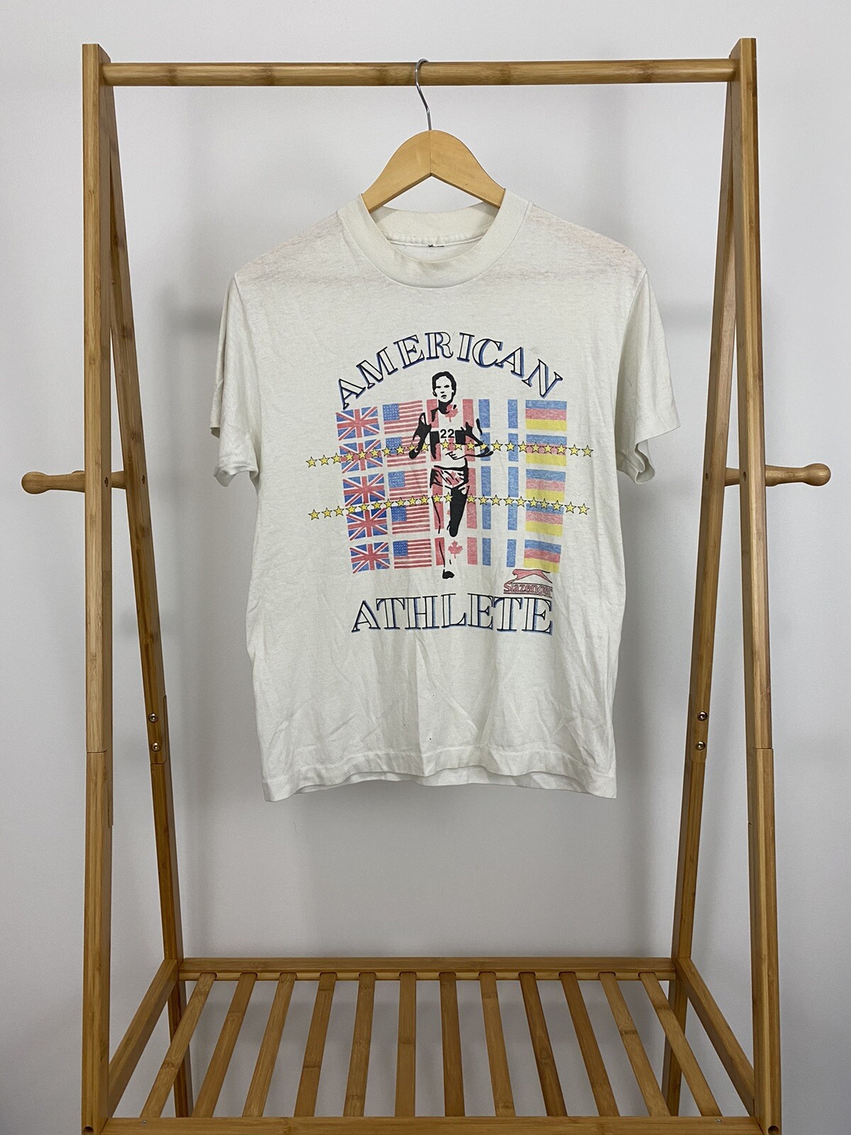 VTG 80s Slazenger American Athlete Runner Marathon Burn Out Paper Thin T-Shirt M