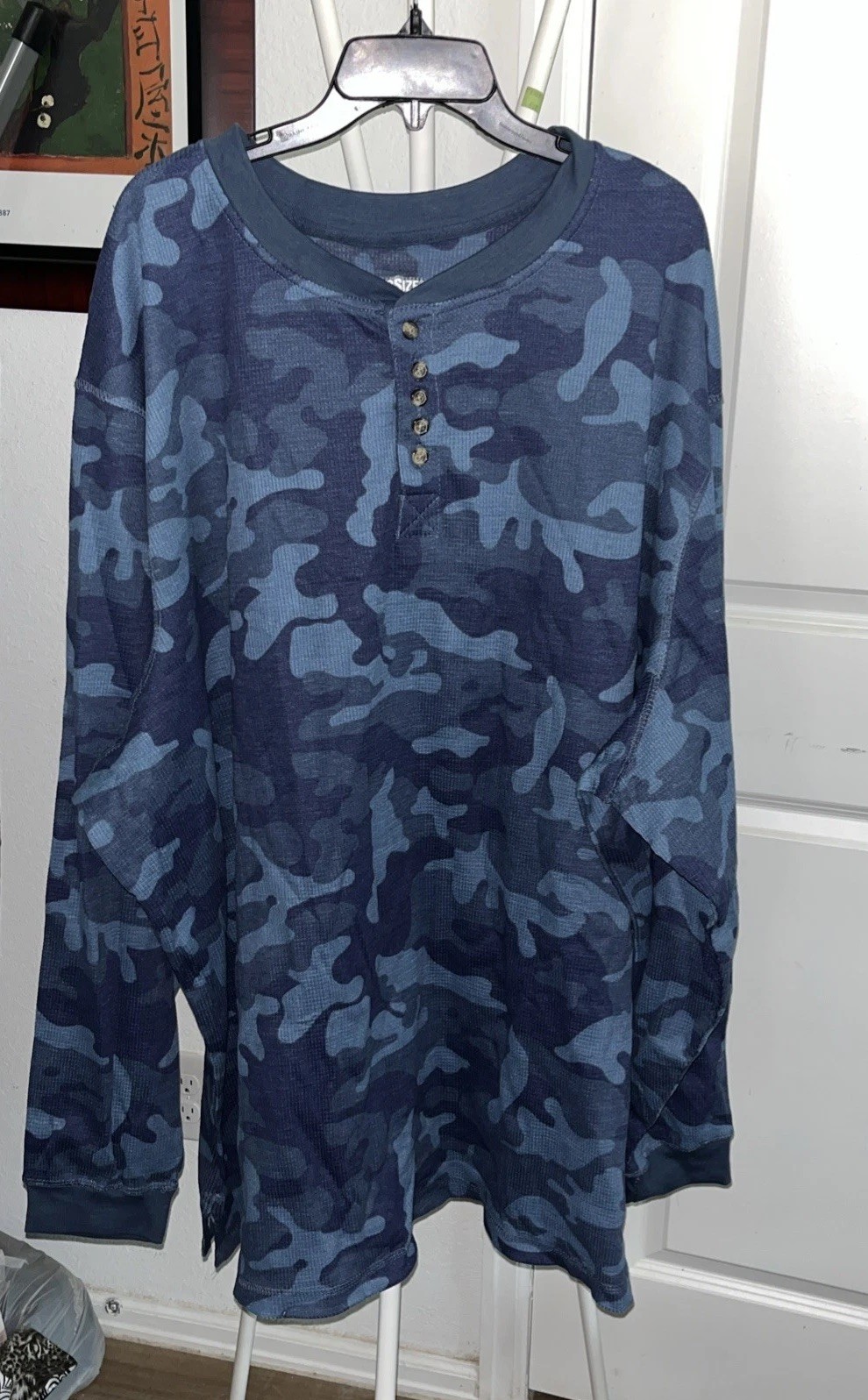 KingSize Blue Camo Thermal Shirt Mens Big 5XL Henley Camouflage Long Sleeve