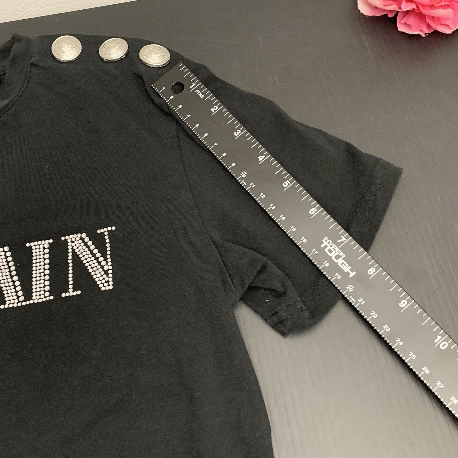 Balmain – Logo T Shirt Rhinestone Buttons – Black – Size: XS