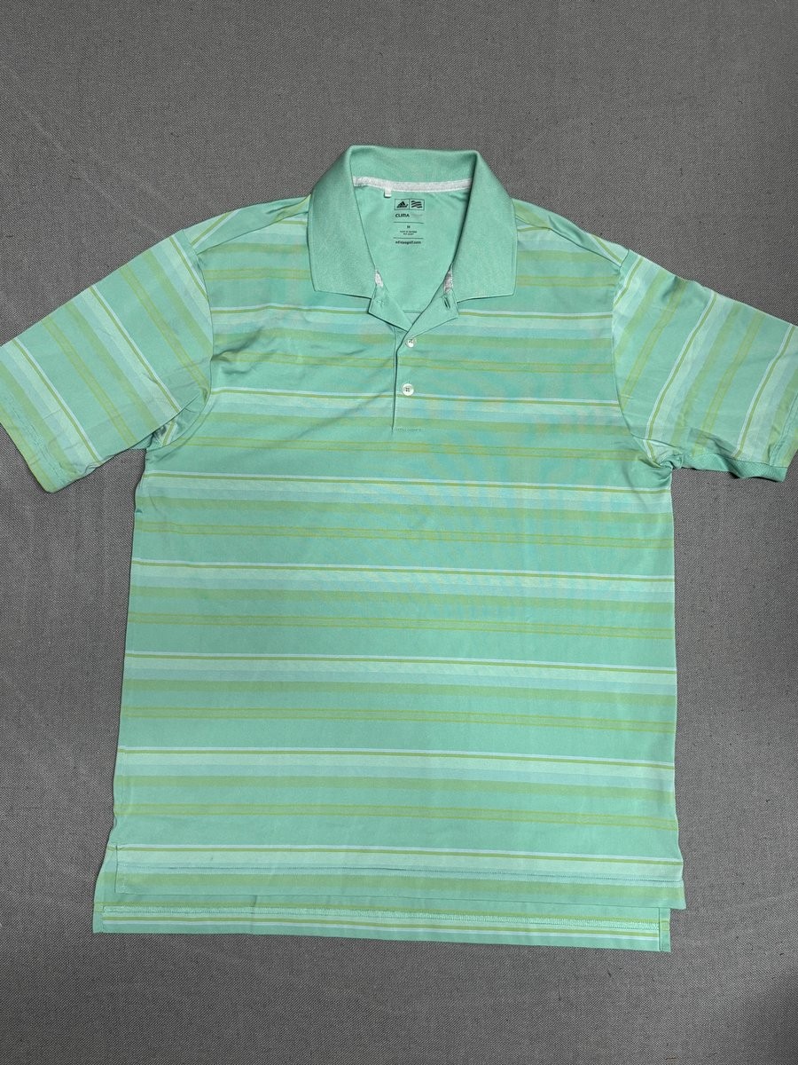 Adidas Men M Golf Polo Shirt Polyester Mint Green Striped ClimaCool