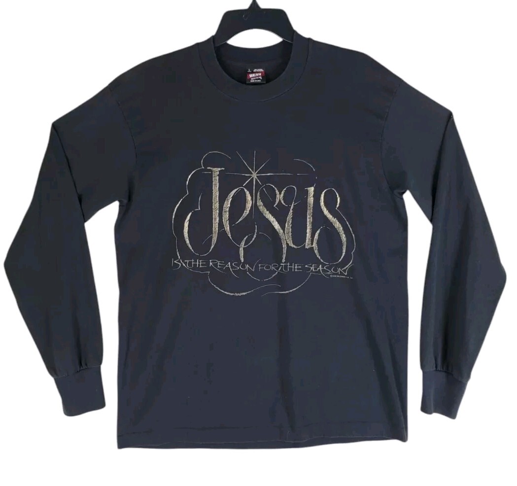 Vtg 90s Single Stitch Shirt Men L Black Gold “Jesus Reason For Season” Christmas