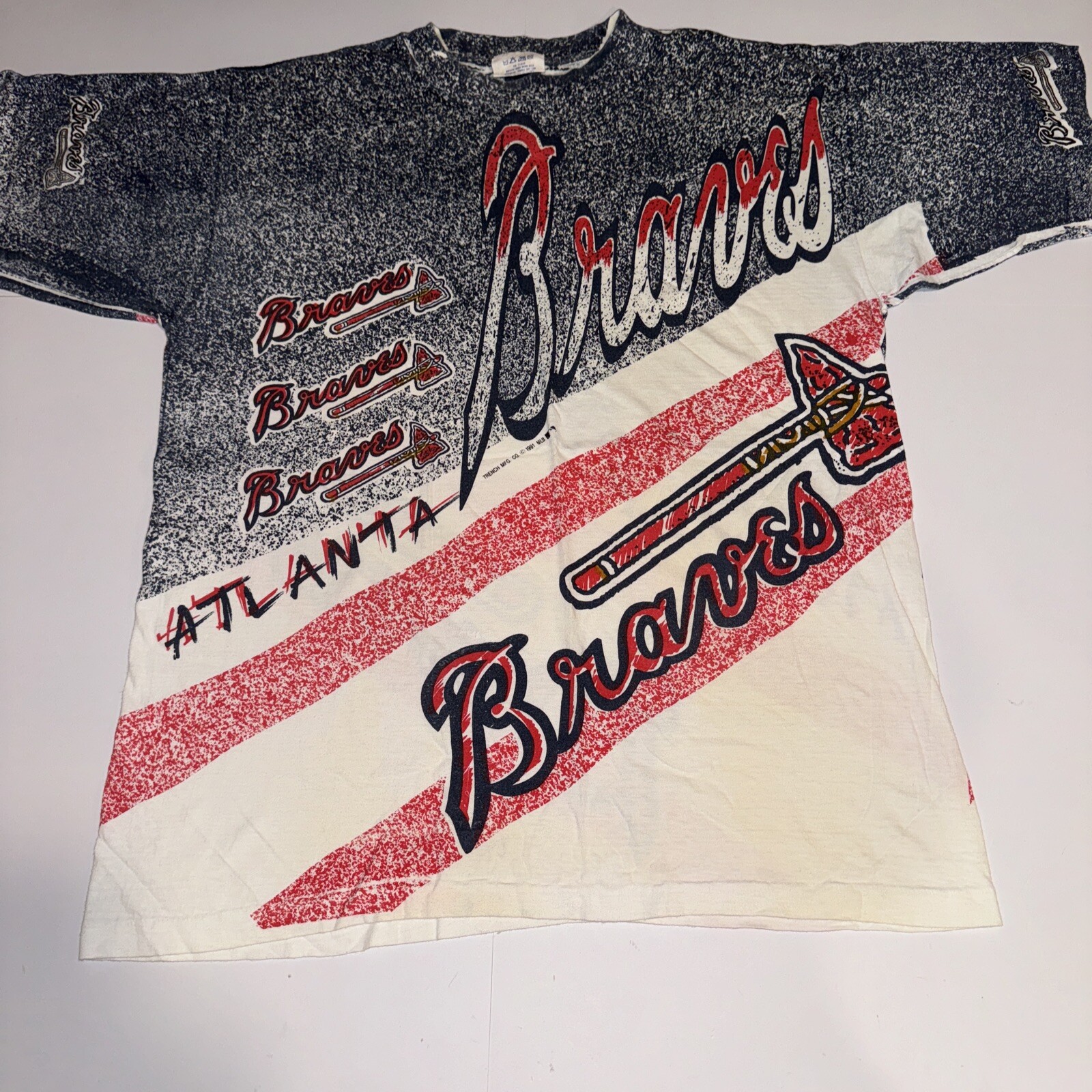 Vintage ATLANTA BRAVES All Over Print Shirt Adult Large MLB 1991 White Red Blue