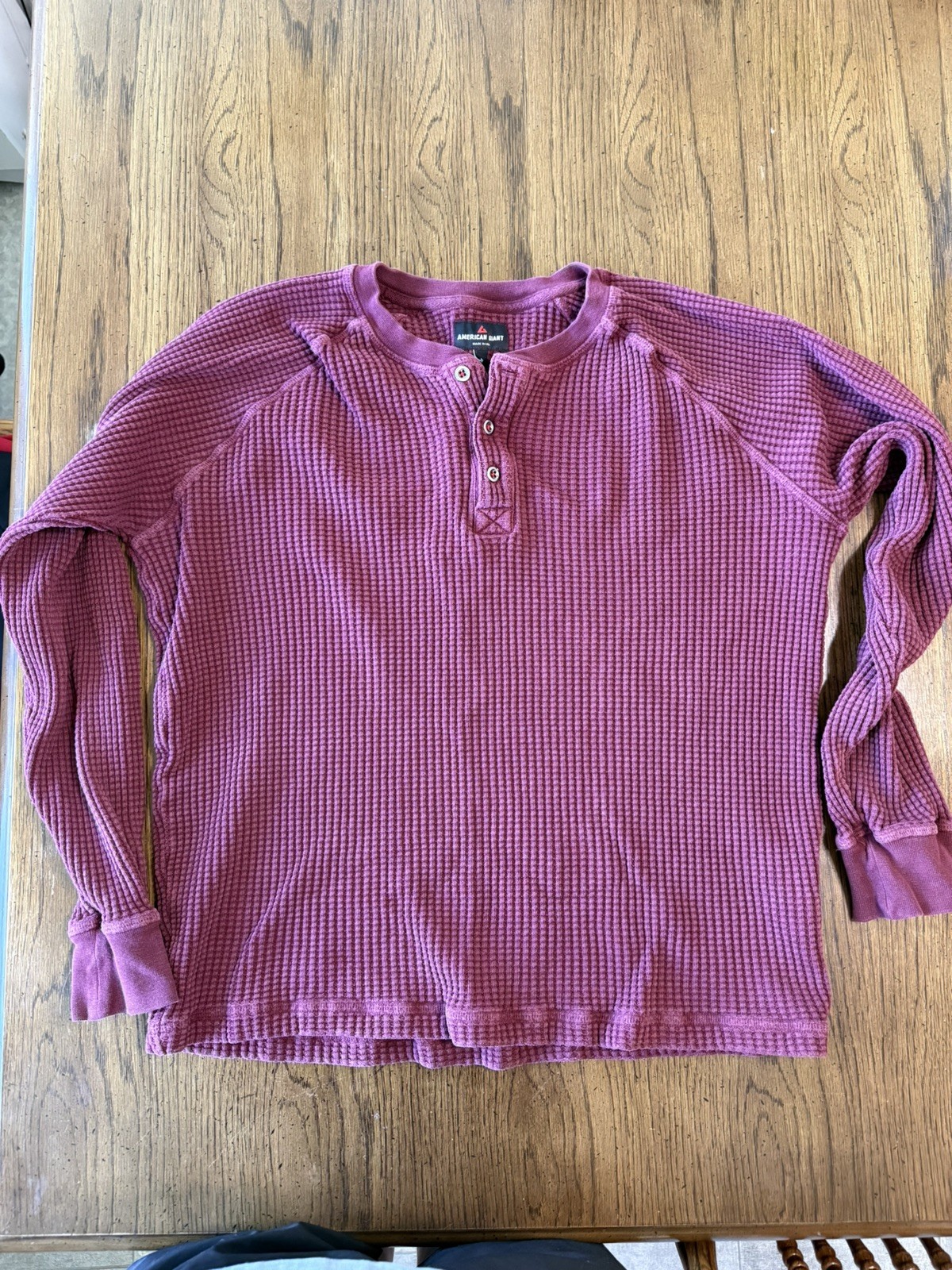 American Giant Henley Shirt Mens L Red Waffle Knit Thermal Long Sleeve USA