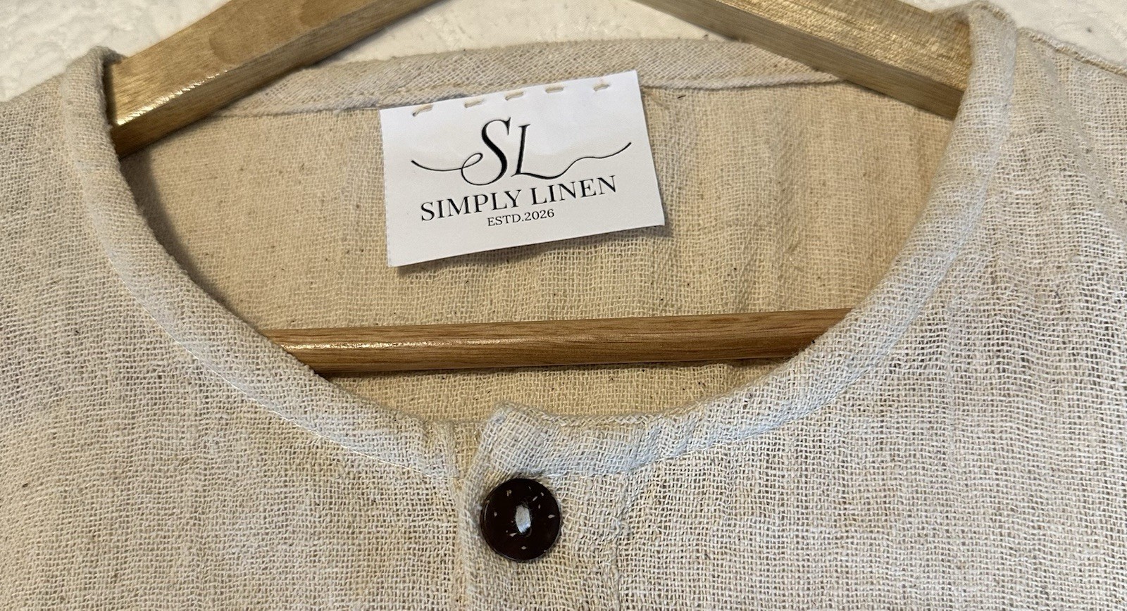 Men’s L Size Beige Color 100% Hemp Henley Short Sleeve Woven T-Shirt Pocket