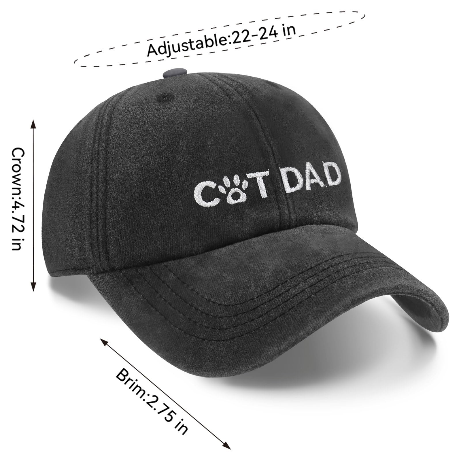 Cat Dad Hat for Men, Cat Dad Gifts, Adjustable Size Cotton Baseball Cap Black