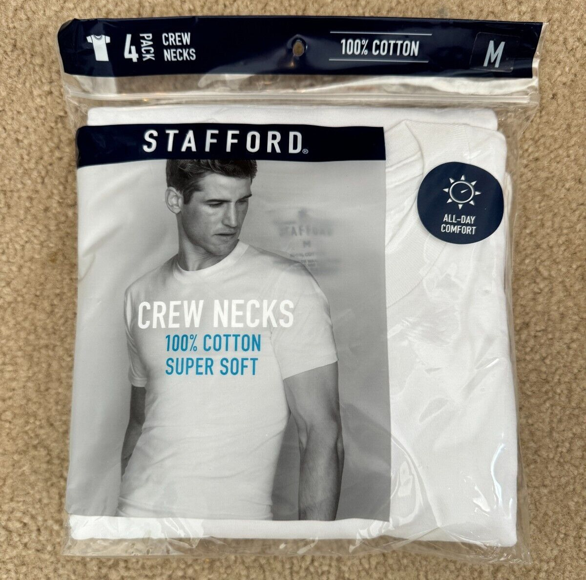 Stafford 4-Pk Men’s Ultra Soft 100% Cotton Crew Neck T-Shirt White (Medium)