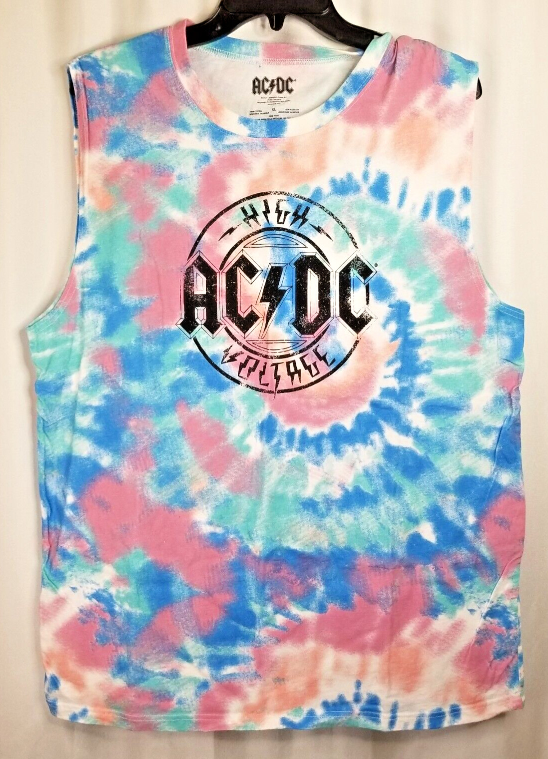 Rock Band AC/DC Tie Dye Unisex Sleeveless Tee Style Top High Voltage Size XL