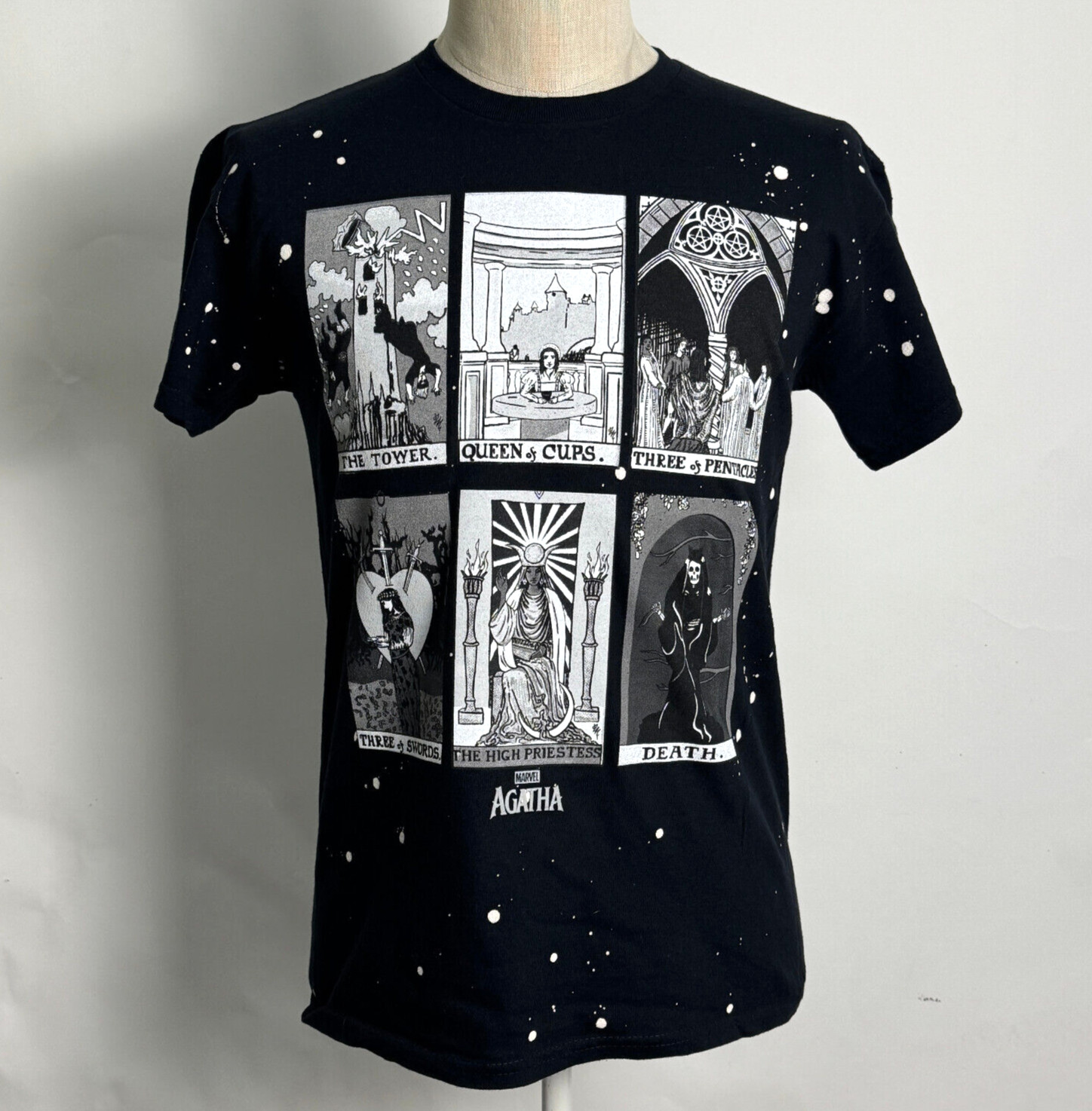 Marvel Men’s T-Shirt Agatha All Along Black/Bleach Dot Size L NEW Tarot Card
