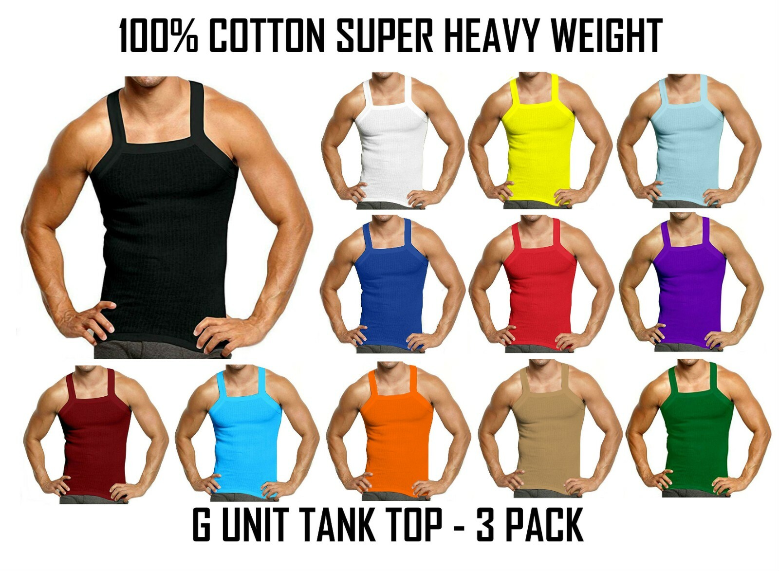 John Son Super Heavy Weight Square Cut G-Unit Tank Top 100% Cotton – 3 Pack