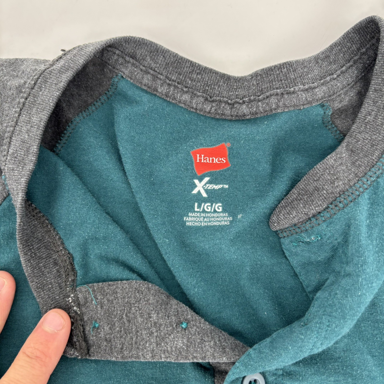 Hanes Raglan Henley Long Sleeve Shirt Teal Gray Colorblock Cotton Mens