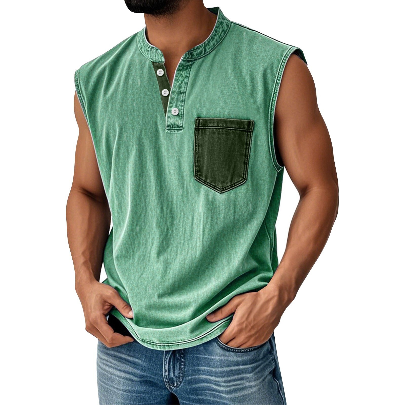 Men Sleeveless Beach Shirts Summer Hawaiian Shirts Casual Button Henley Tank Top