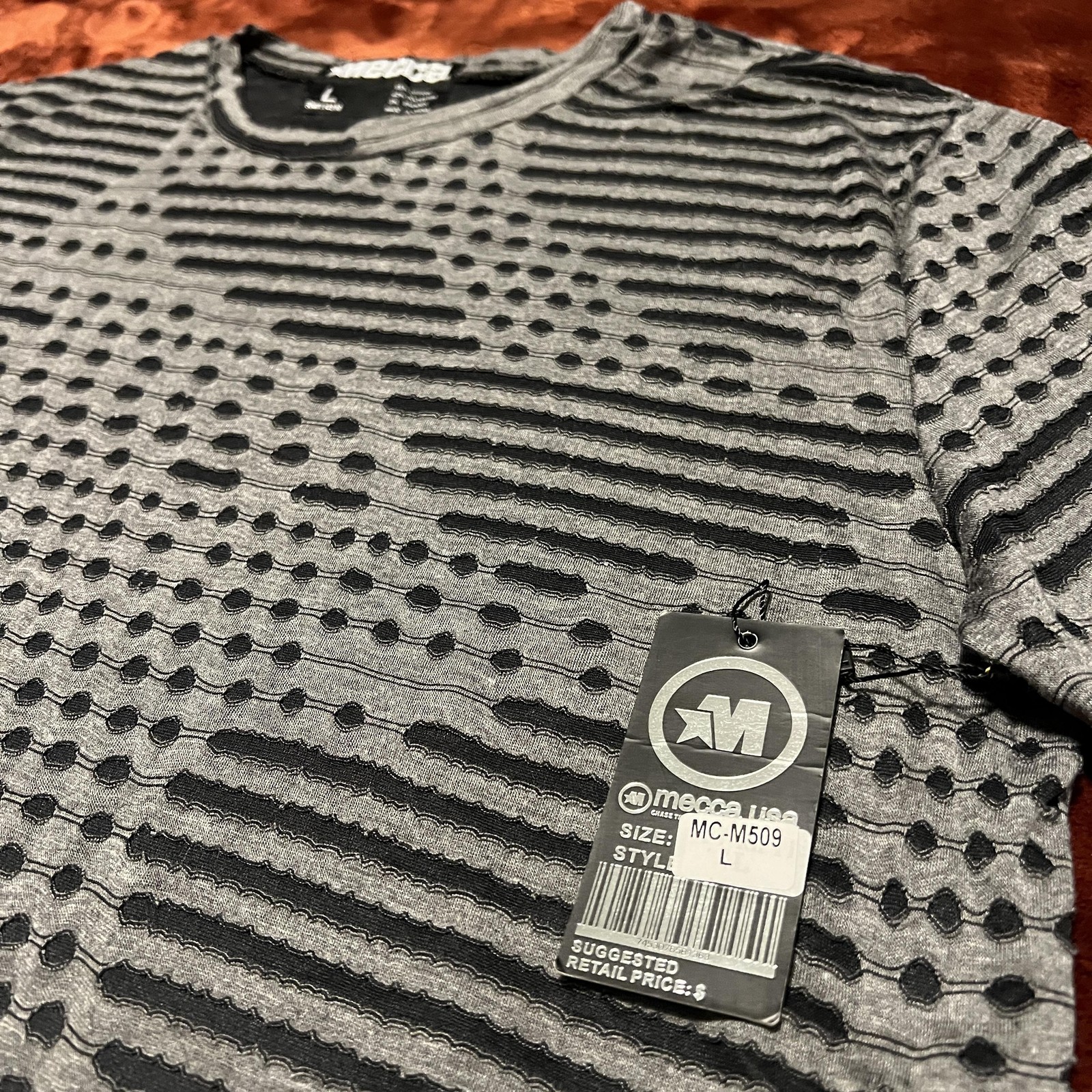 Mecca Mens Large Gray Black 3D Textured Pattern Short Sleeve Modern T-shirt NWT