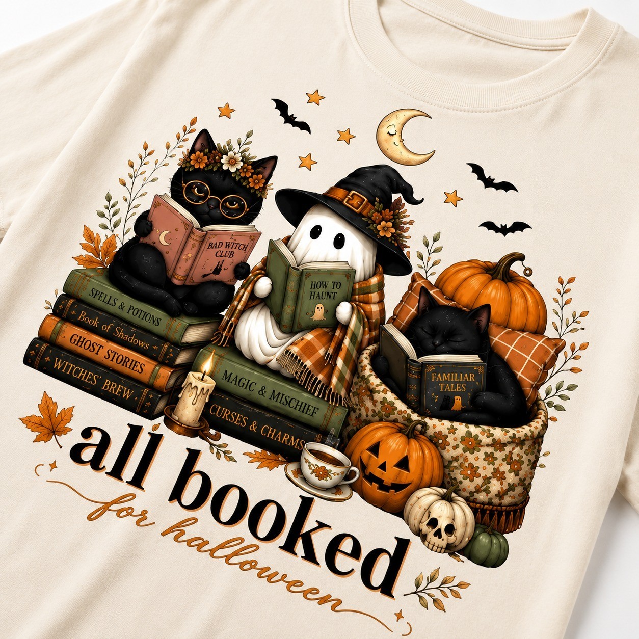 Funny Halloween Book Lover Shirt Pumpkin Owl Graphic Tee Reading Teacher Gift