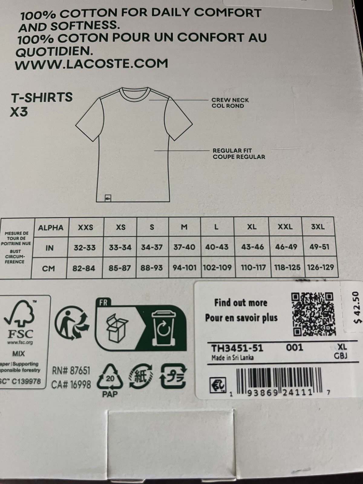 Lacoste Men’s 3pack 100% Cotton Regular Fit Crew Neck Tee White Size XL