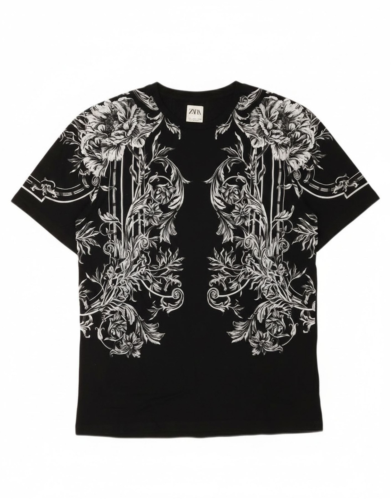 Zara Mens Graphic T-Shirt Top Large Black Floral BA09