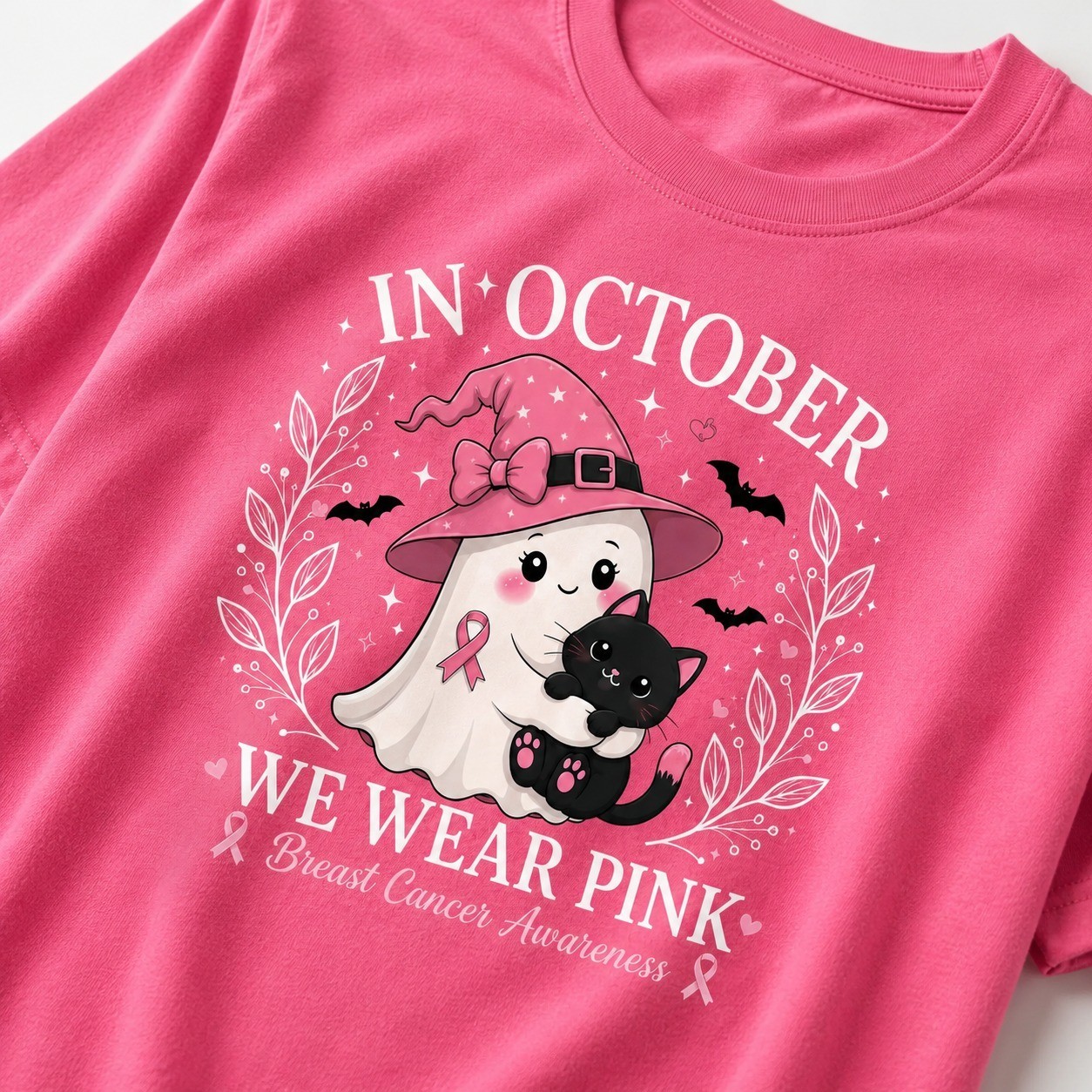 Breast Cancer Awareness Ghost Cat Shirt Pink Ribbon Halloween Survivor Gift Tee