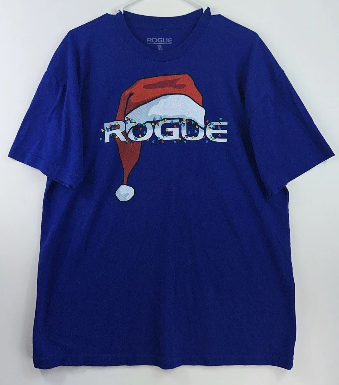Rogue Fitness Men’s XL Blue Santa Hat Made in USA S/S Cotton T-shirt