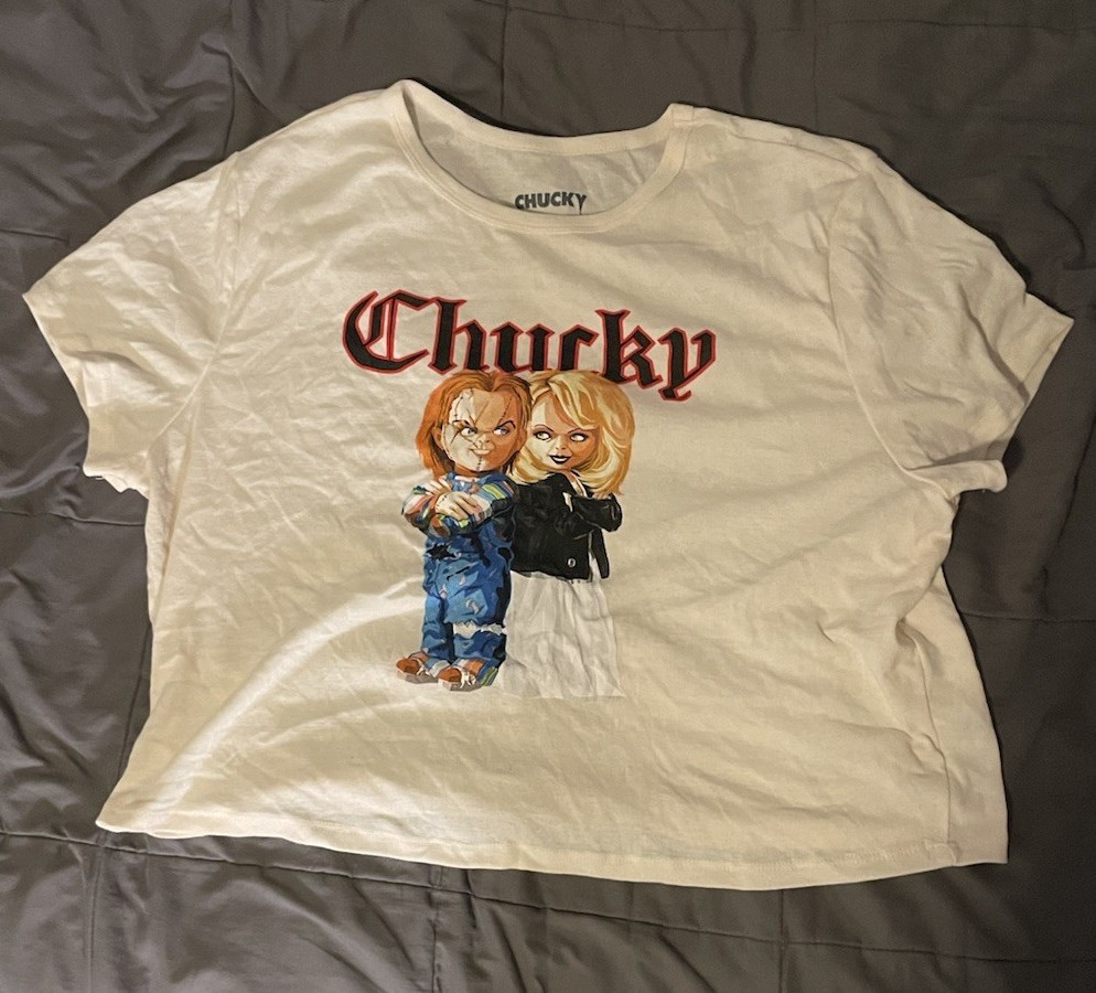 CHUCKY Chucky Child’s Play Horror Graphic Print White Crew Neck Cropped Tee 2X