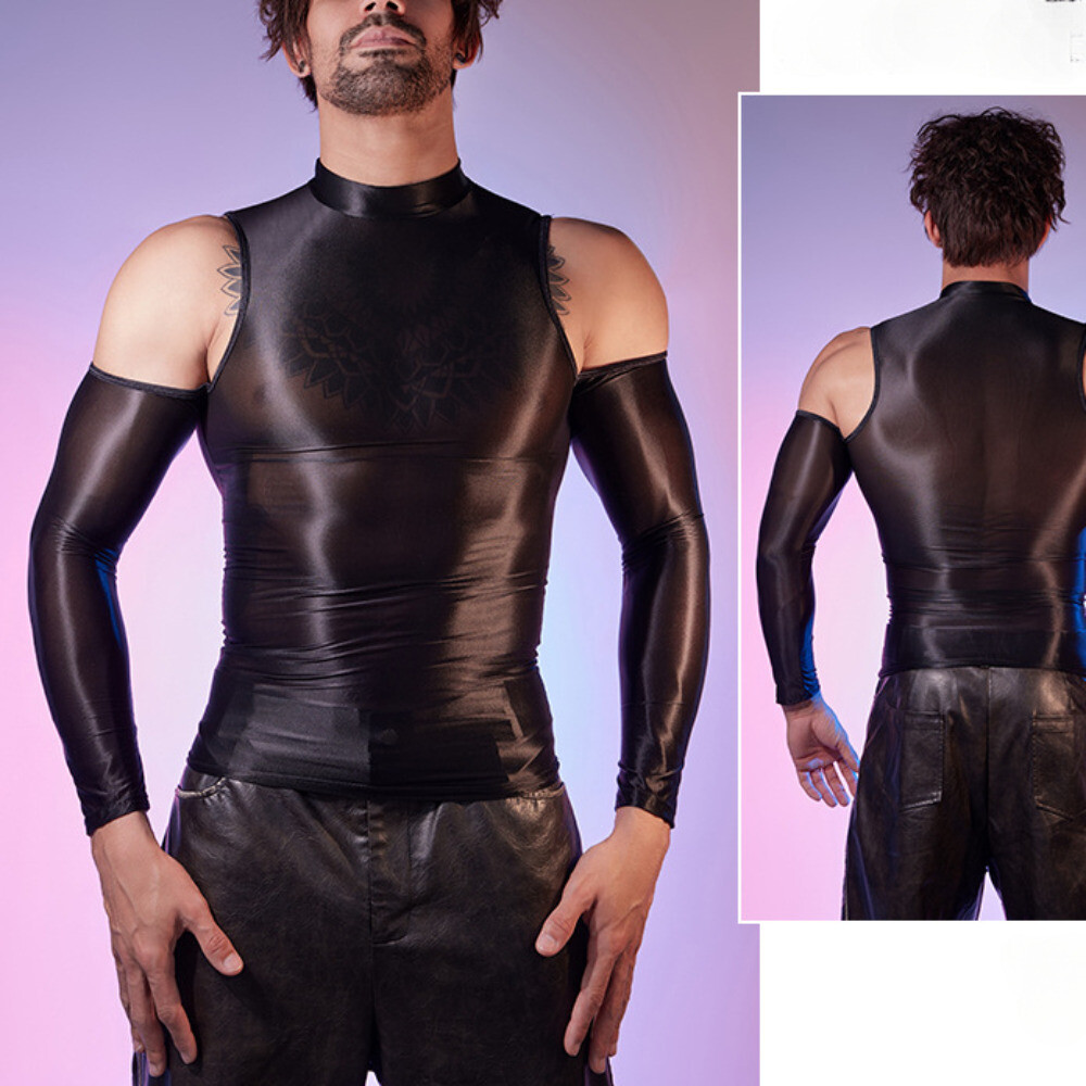 Men Tights Tops Shirt T-shirt Sexy Hollow Out Oiled Shiny Party Clubwear Fashion