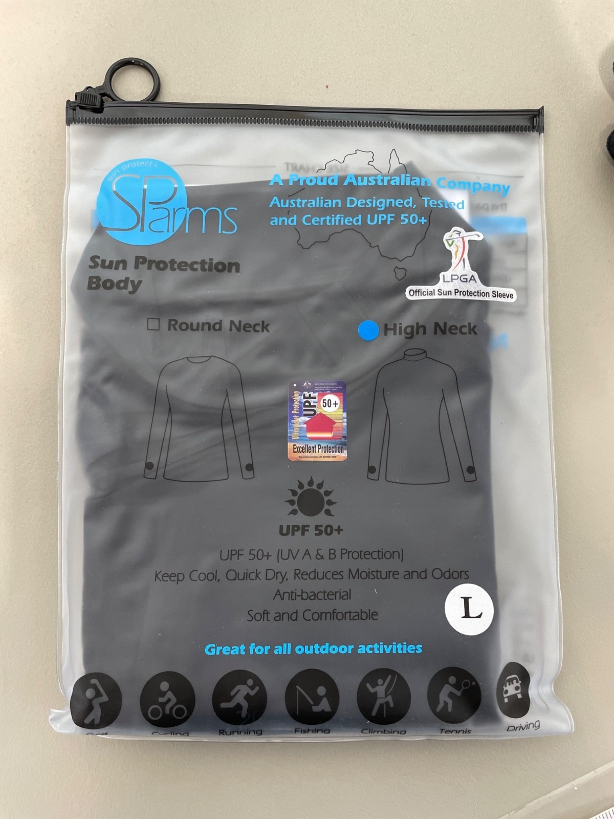 SPArms Men High Neck Sun Protection Body Shirt Size Large UPF 50+ Black Outdoor
