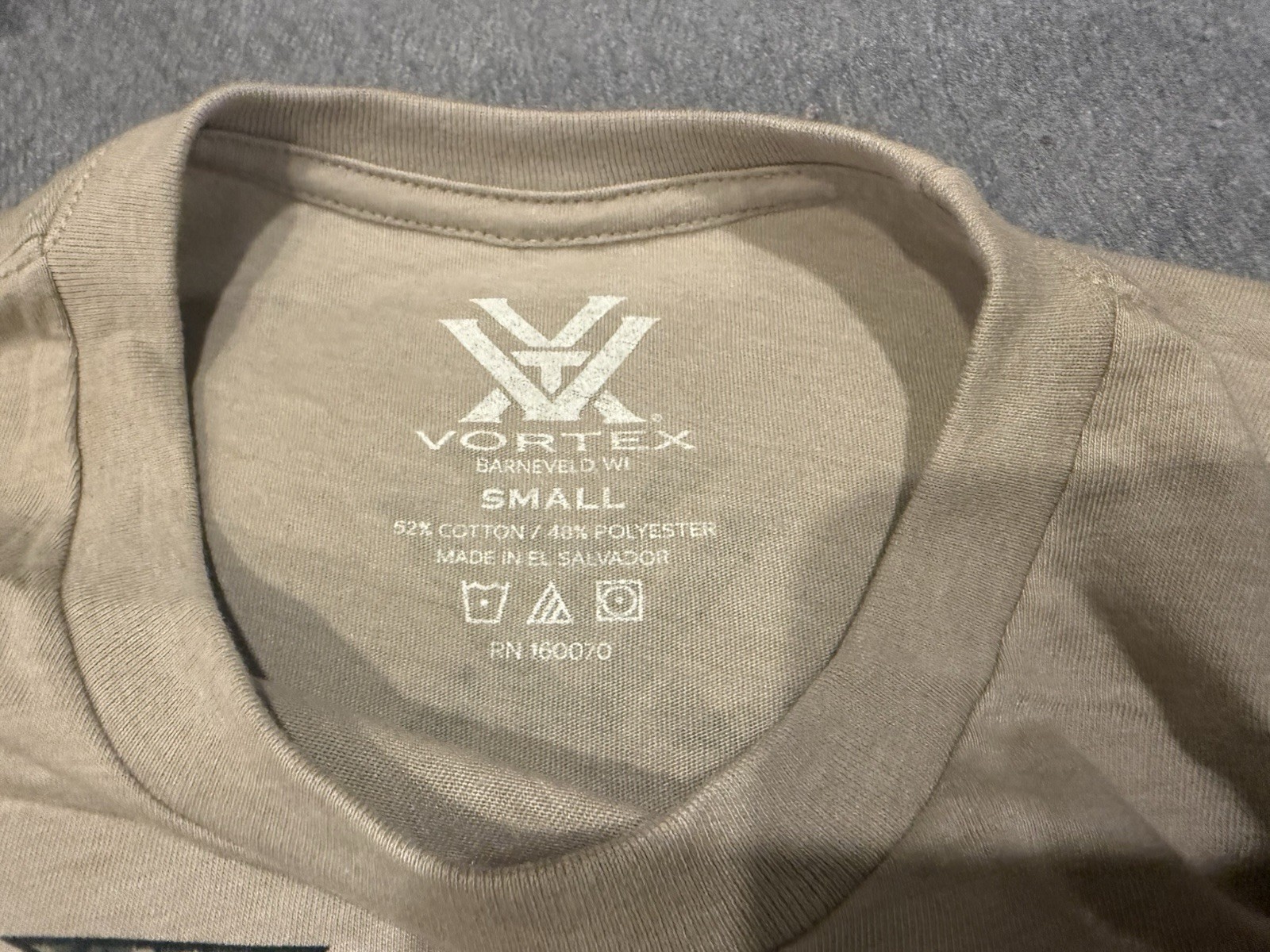 Vortex Unisex T-Shirt -Size Small Tee – Tan – Tagless Collar – Soft Fabric!