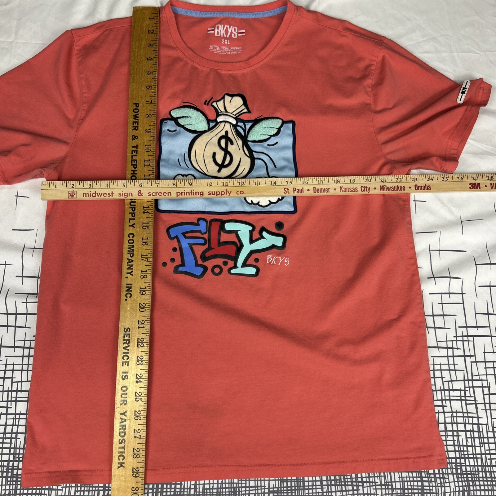 BKYS Fly Coral Pink T Shirt Money Bag Wings Applique Puffy Graphic Flocked 2XL