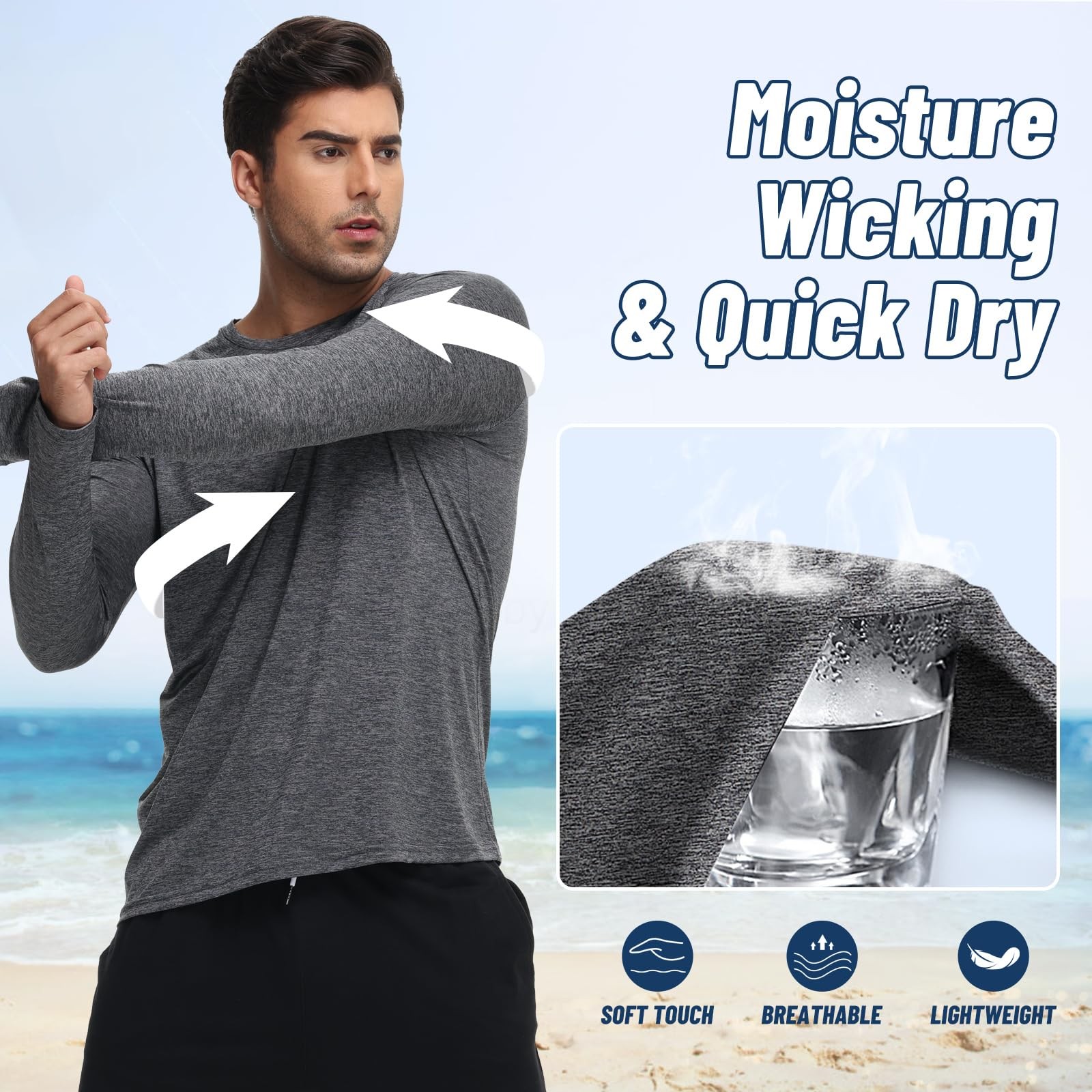 3 Pack Mens Long Sleeve Shirts Quick Dry Moisture Wicking UV Sun Protection