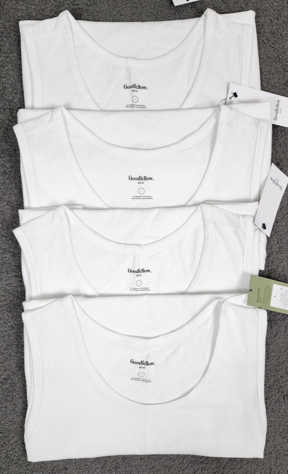 Men’s Sleeveless Tanks T Shirts LARGE White 4 PACK Goodfellow Round Neck Stretch