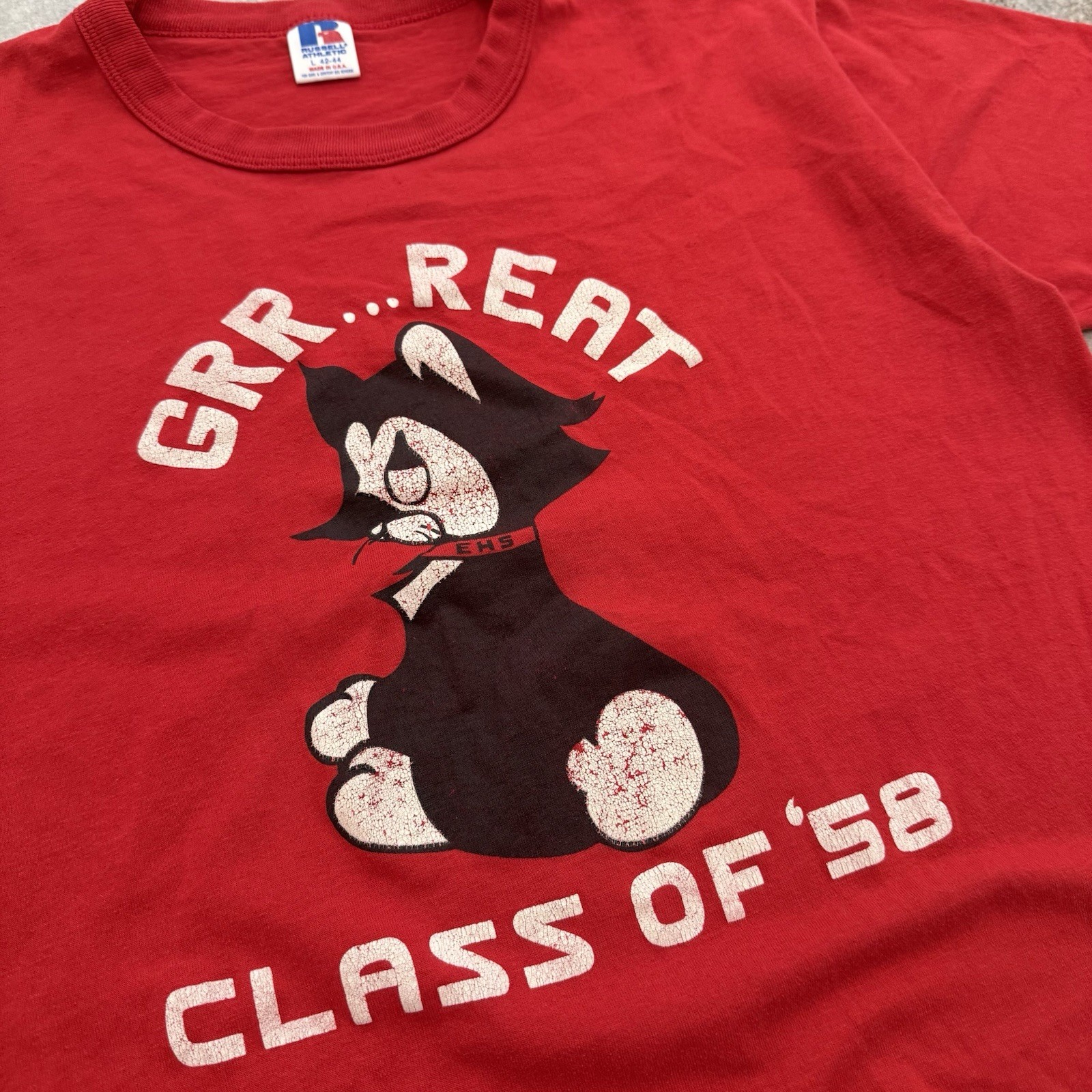Vintage 80s EHS Class Of ‘58 Russell Athletic Tee Shirt Large Red Retro Cat