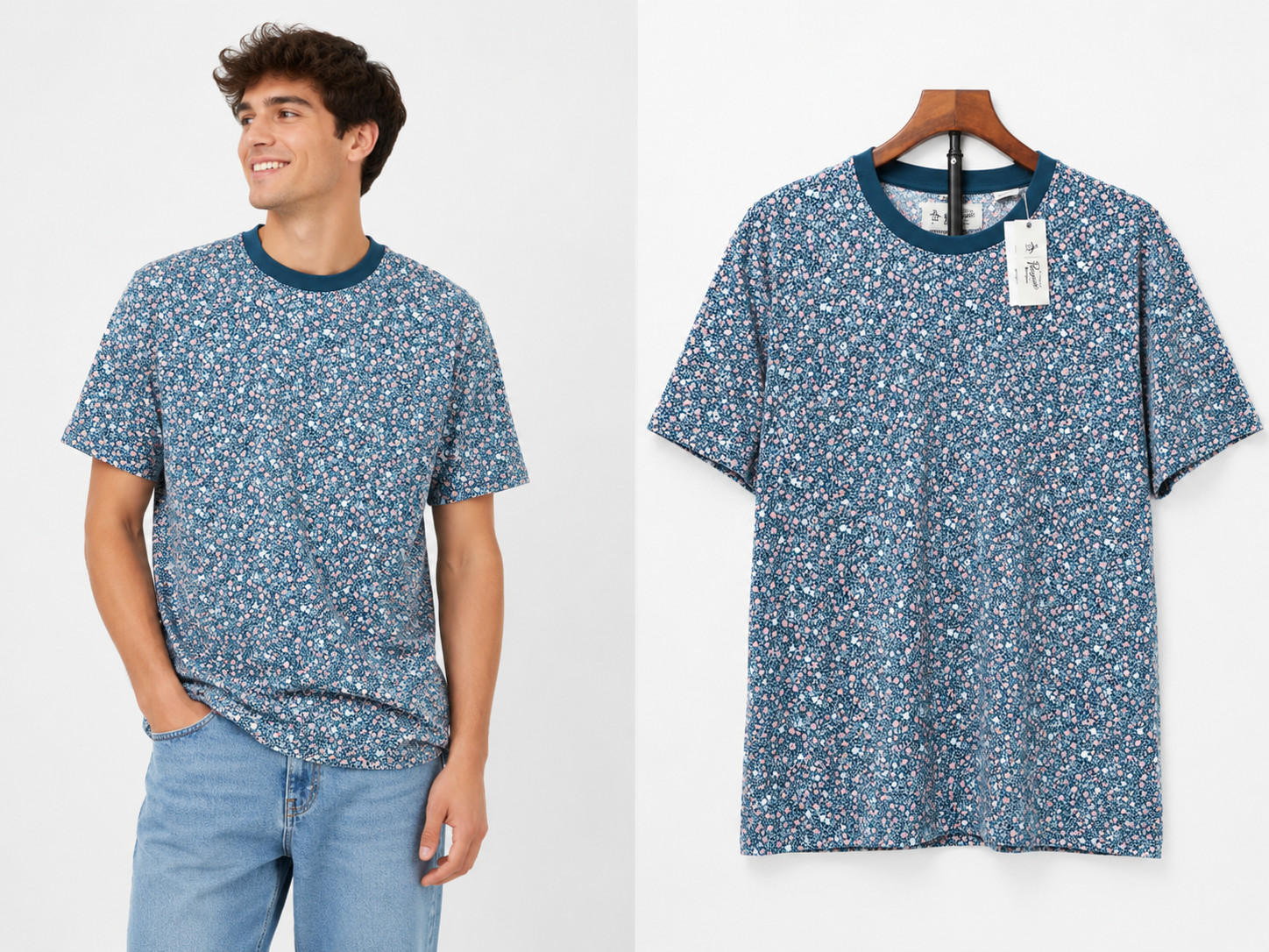 Original Penguin Men’s Medium All-Over Ditsy Floral Printed Crew Neck Pocket Tee