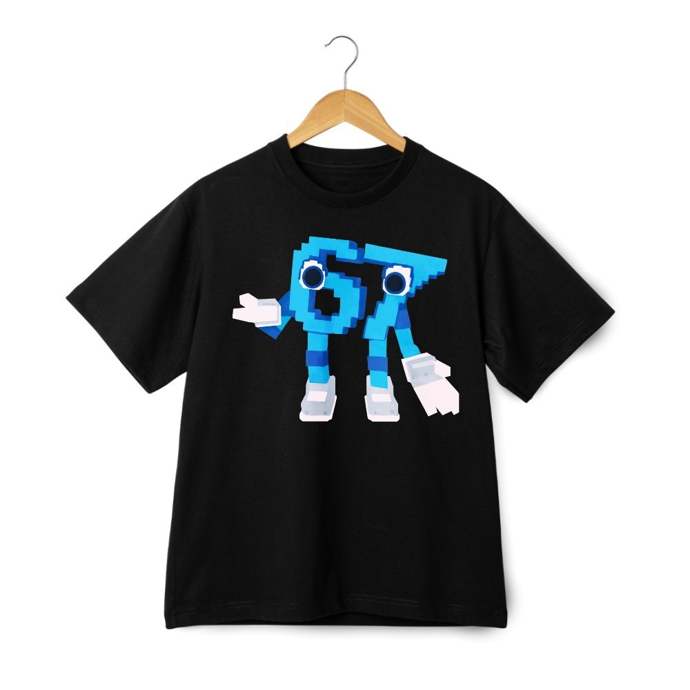 Blue Pixel Robot Character T-Shirt Cartoon Print For Playtime Gamer Casual Wear