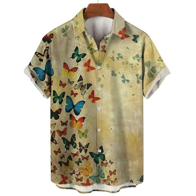 Mens Button Down Abstract Butterfly Colorful Hawaiian Top Novelty Summer Shirt