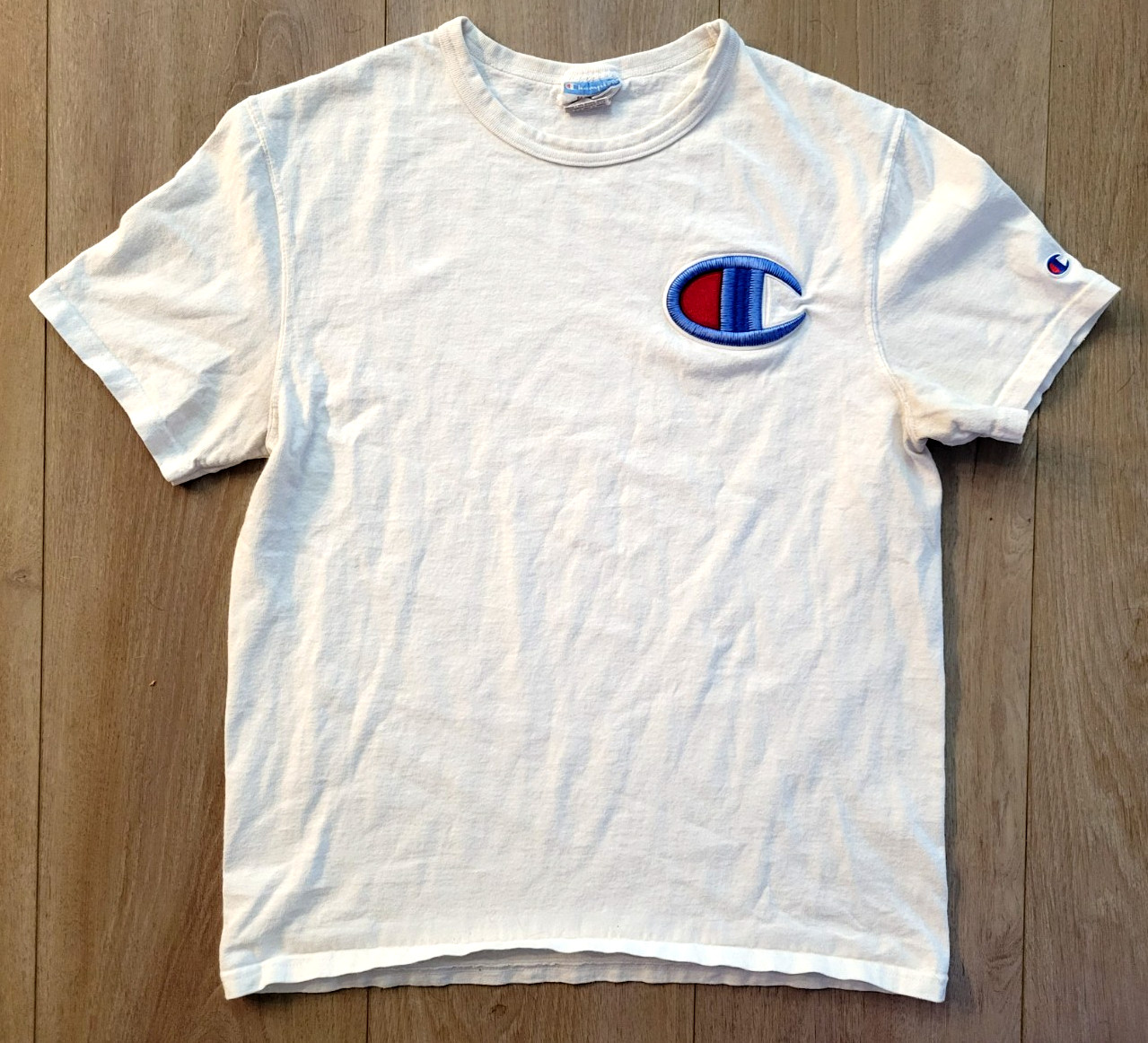 Champion Mens Embroidered Logo Shirt Med White Short Sleeve T-Shirt Vintage Y2K