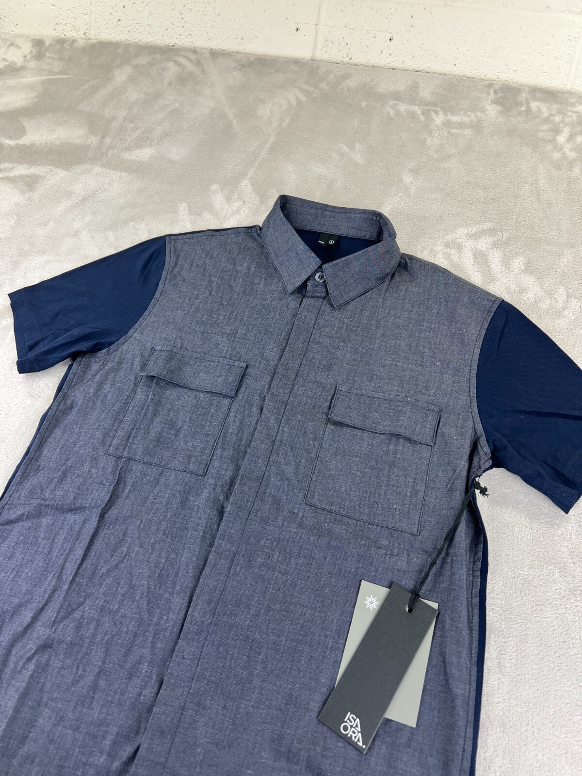 ISAORA Chambray BUTTON DOWN SHIRT SMALL Knit Back Blue Made in USA NEW w/ tags!!