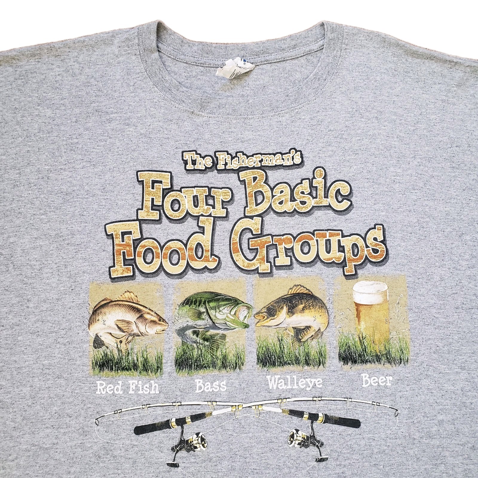 Vintage Y2K Fishing Four Basic Food Groups Size 2XL Mens Gray Funny T-Shirt Beer