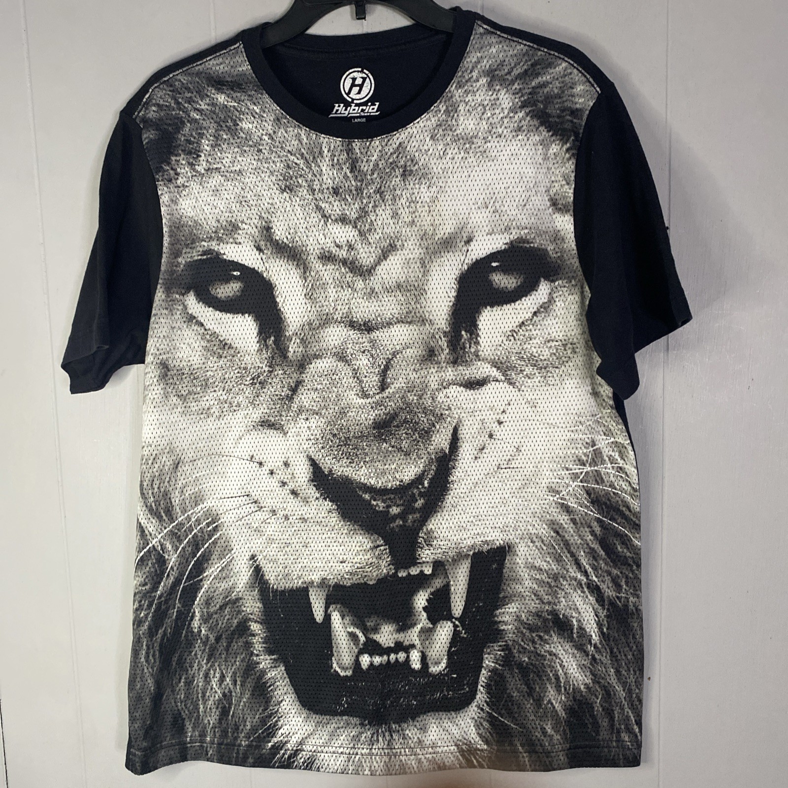 AOP Lion T Shirt Mens Large Hybrid Mesh Blend L Black 21×28