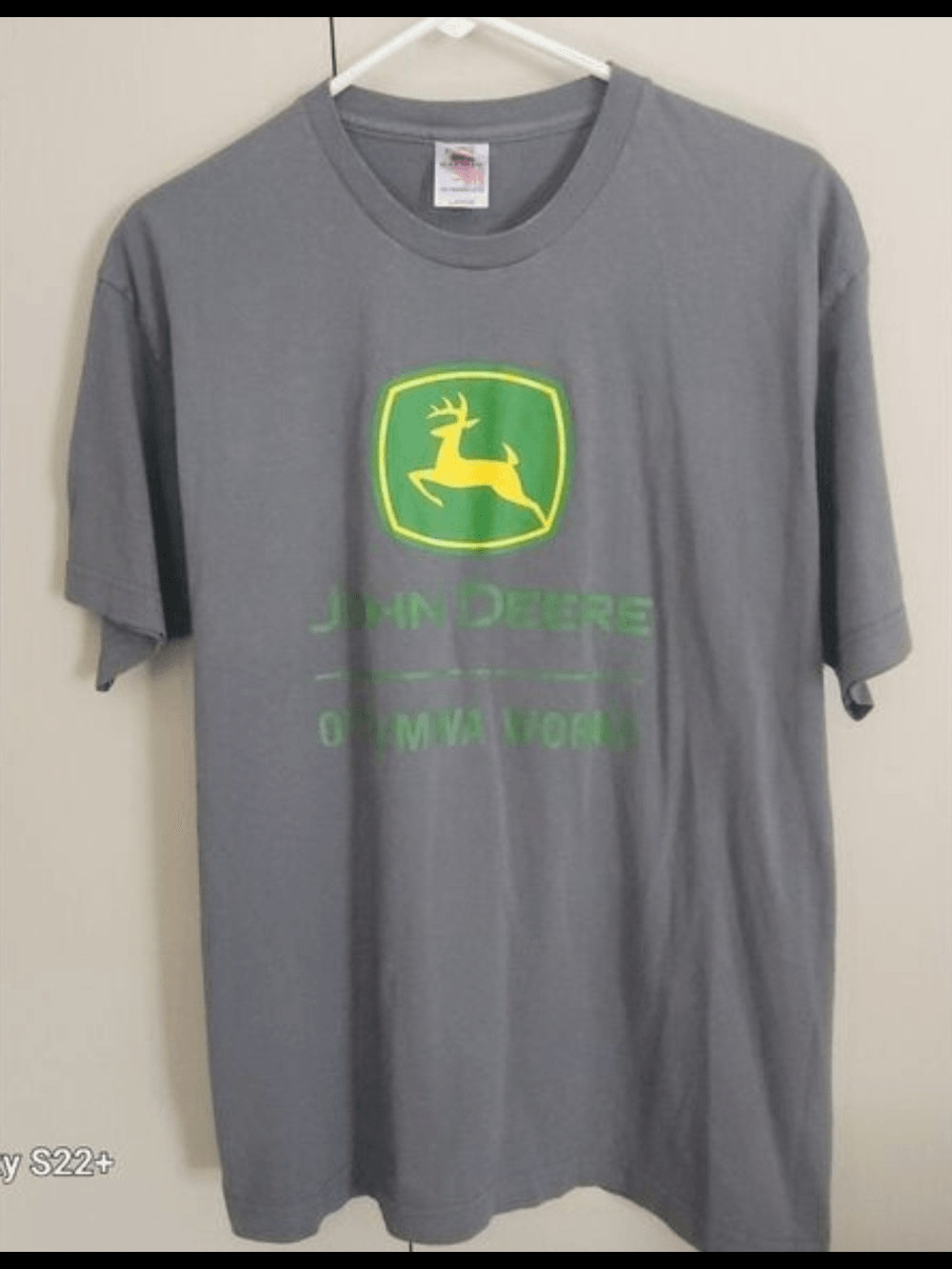 E28 Gray T shirt with John Deere Green and Yellow Logo Emblem