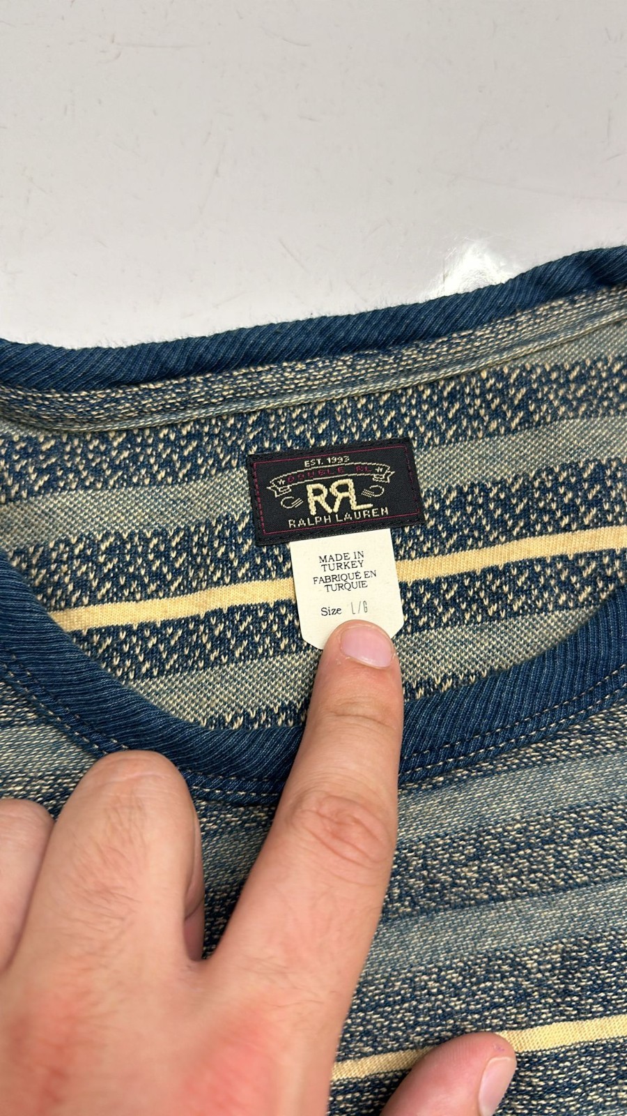 RRL By Ralph Lauren Indigo Striped Jacquard T-Shirt Cream/Multi Size LARGE