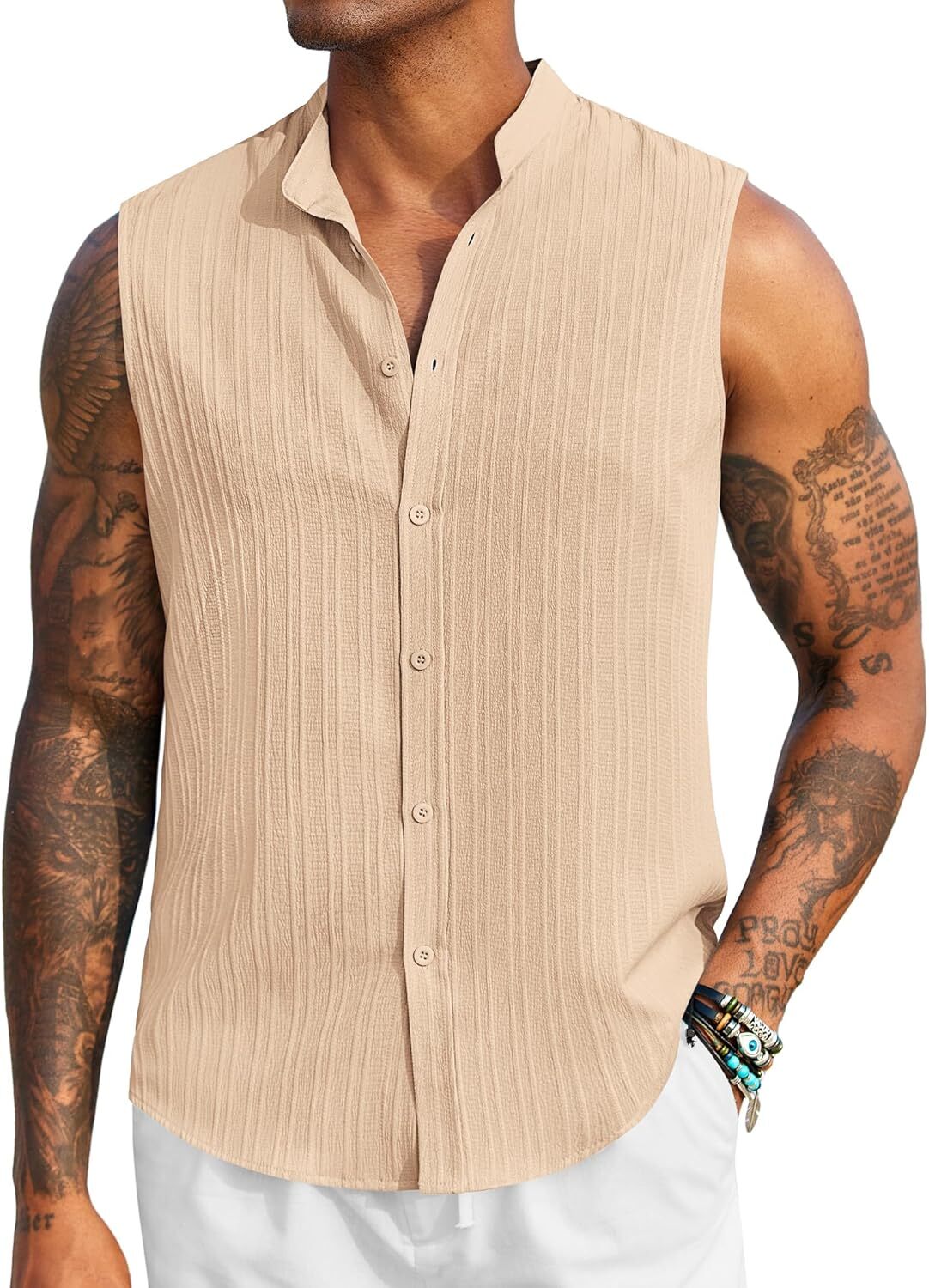 Mens Sleeveless Summer Shirts Beach Tank Tops Button Up Tank Shirt for Vacation