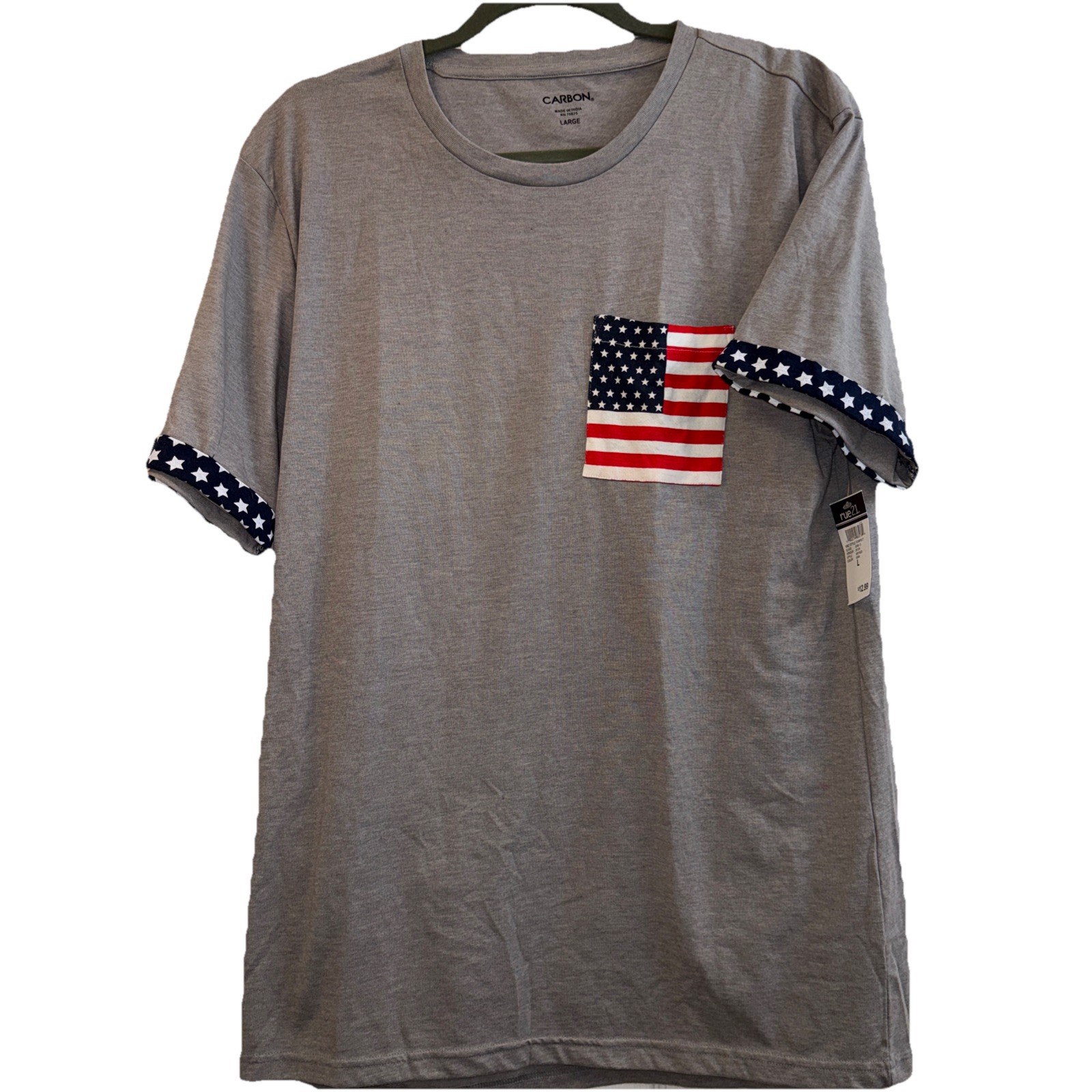 Carbon Unisex TShirt Gray Flag Print Pocket Men’s LG Party On Patriotic US NWT