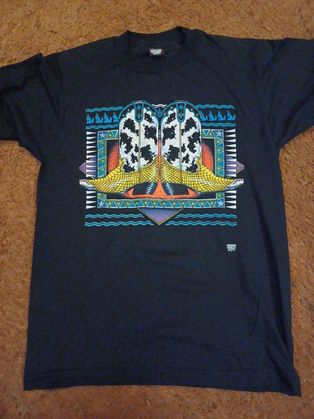 VTG Screen Stars Best Single Stitch T-shirt Cowboy Boots Large Black TEES Wow