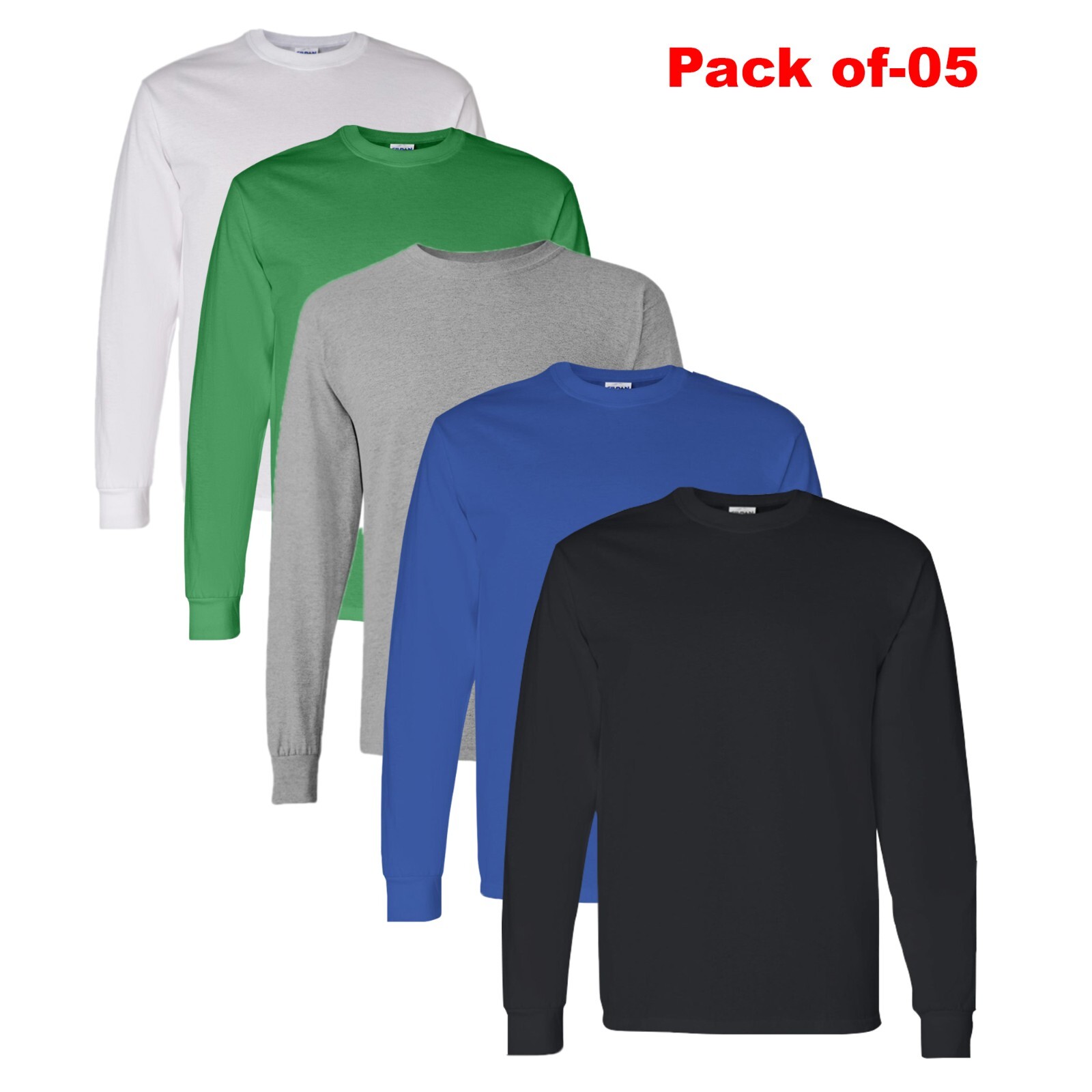 Long Sleeve Crew Neck T-Shirt Multicolor Gildan – 100% Cotton Pack 5 Bulk Tee