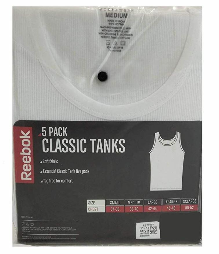 NEW*Reebok Men’s 5 Pack Cotton Classic Ribbed Tanks Undershirts, White, Medium