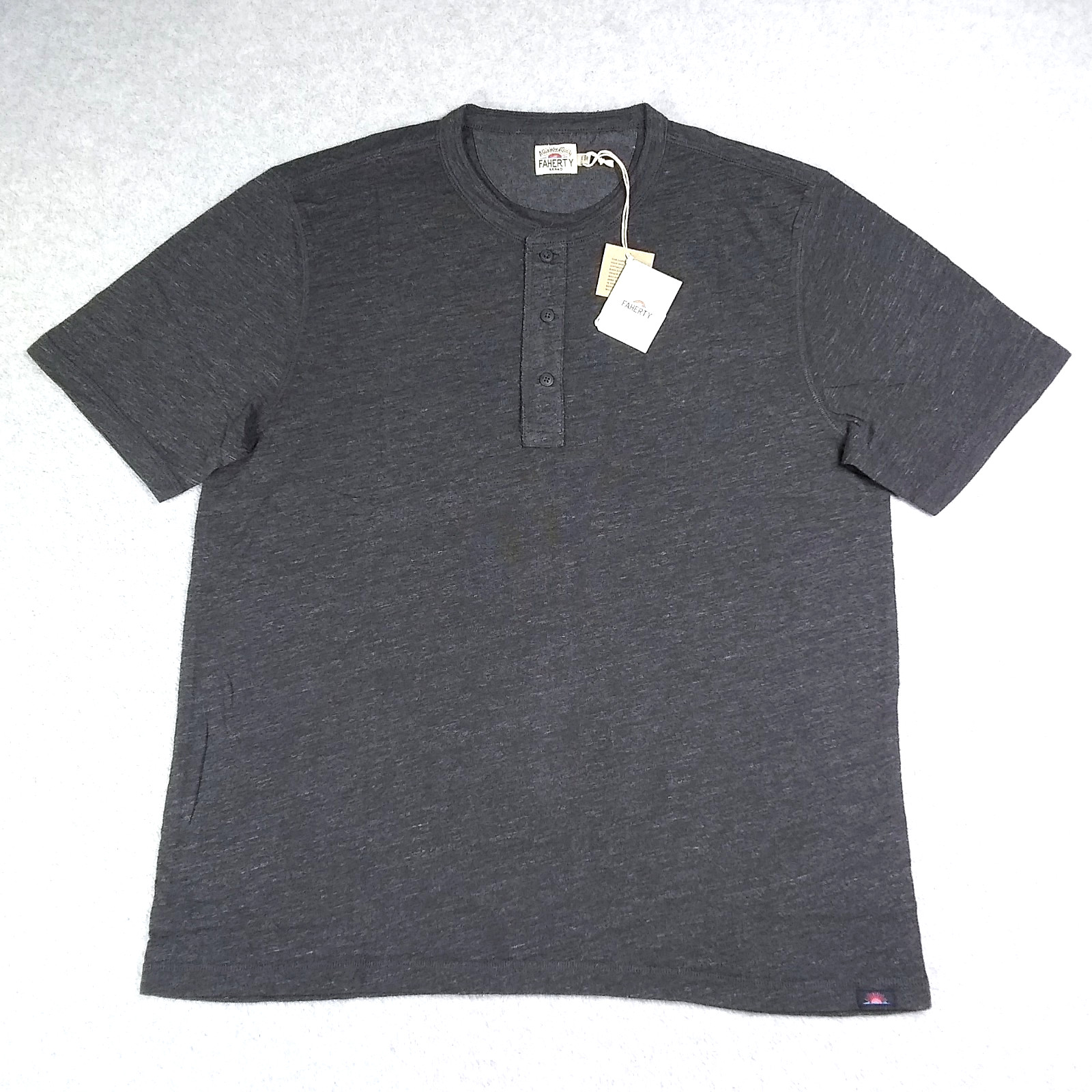 Faherty Mens T Shirt Size L Large Short Sleeve Heather Henley Washed Black NEW