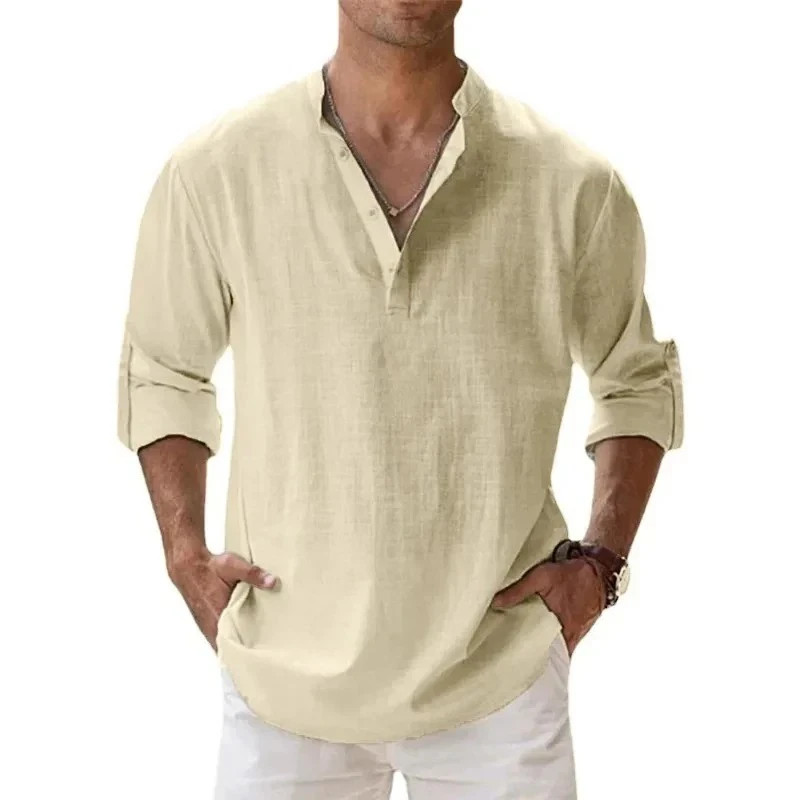 Men’s Cotton Linen Henley Long Sleeve Shirt Casual Beach T-shirt Tee Summer Gift