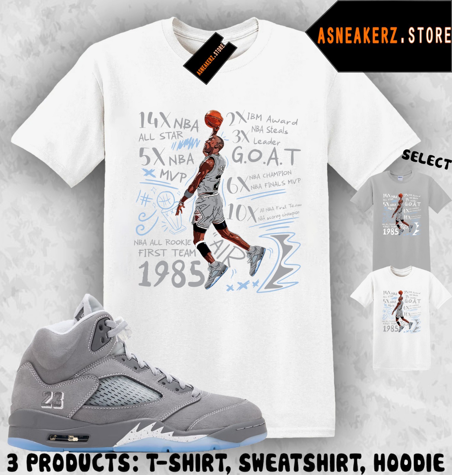 Shirt To Match AJ 5 Wolf Grey 2026 Sneaker Matching Tee MJ 23 Accolades T-Shirt
