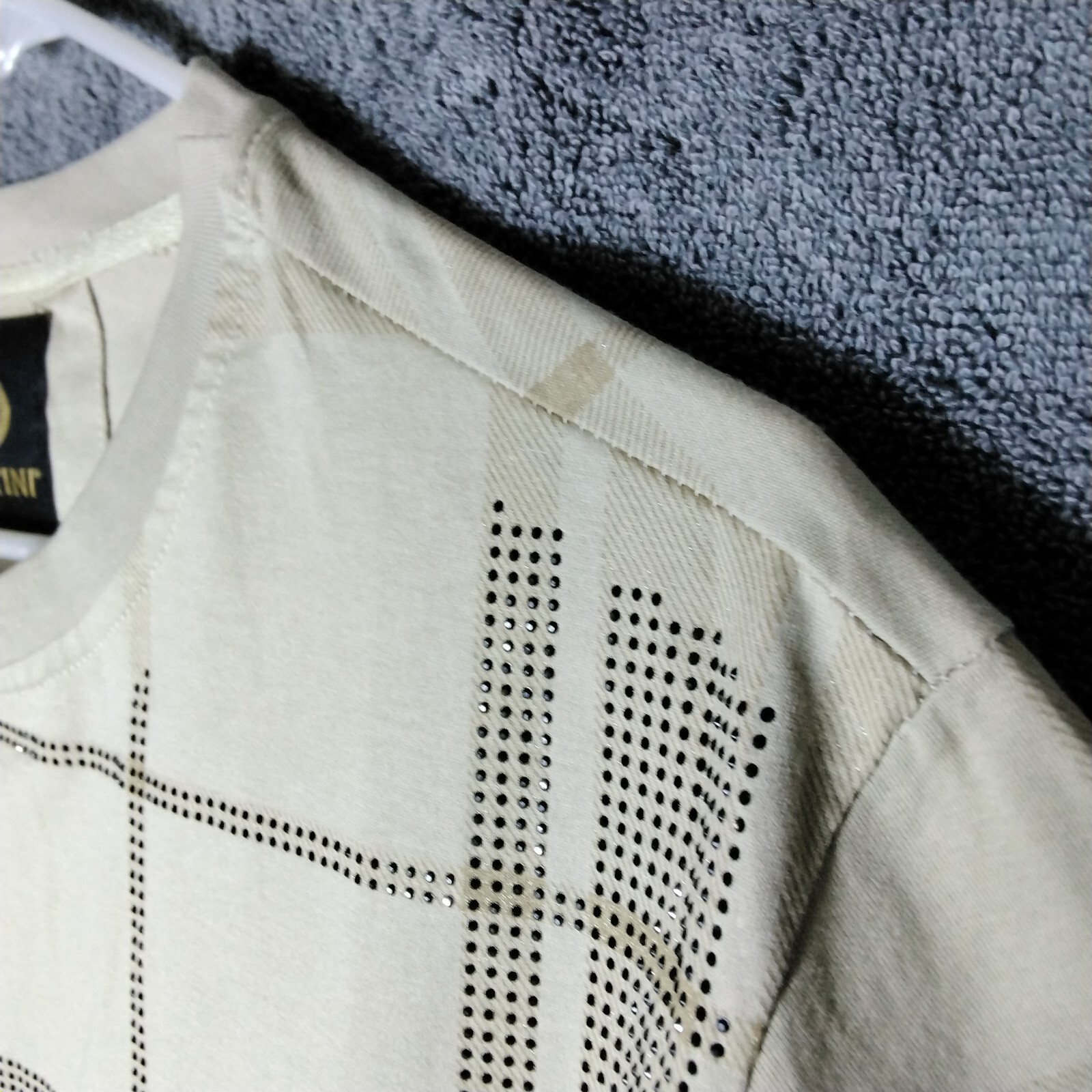 Platini Black Label Shirt Mens Size XL Beige Geometric Beaded Short Sleeve