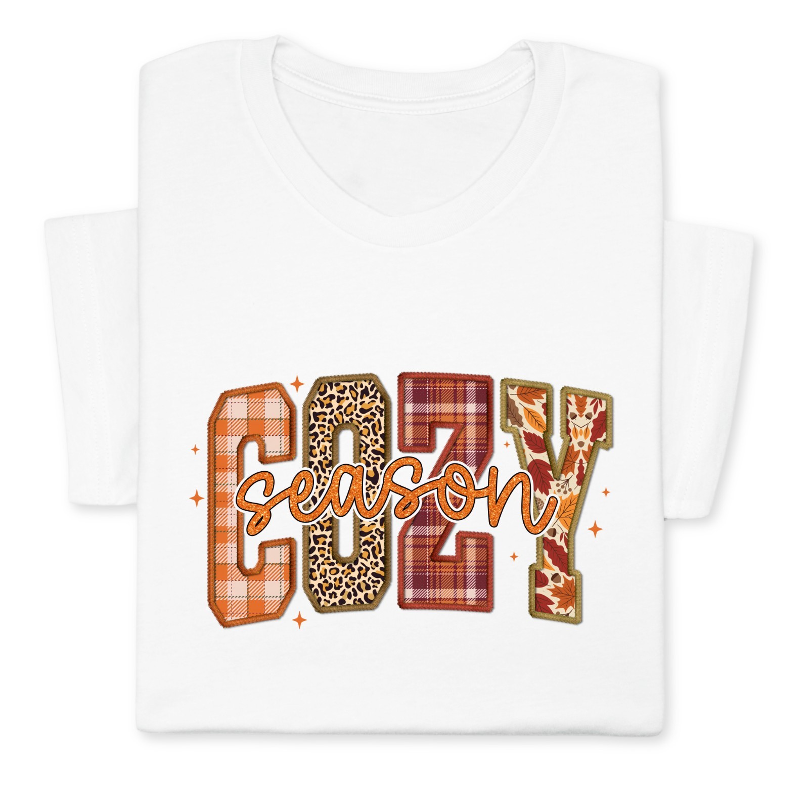 Cozy Season Fall T-Shirt – Autumn Plaid & Leopard Patchwork Tee