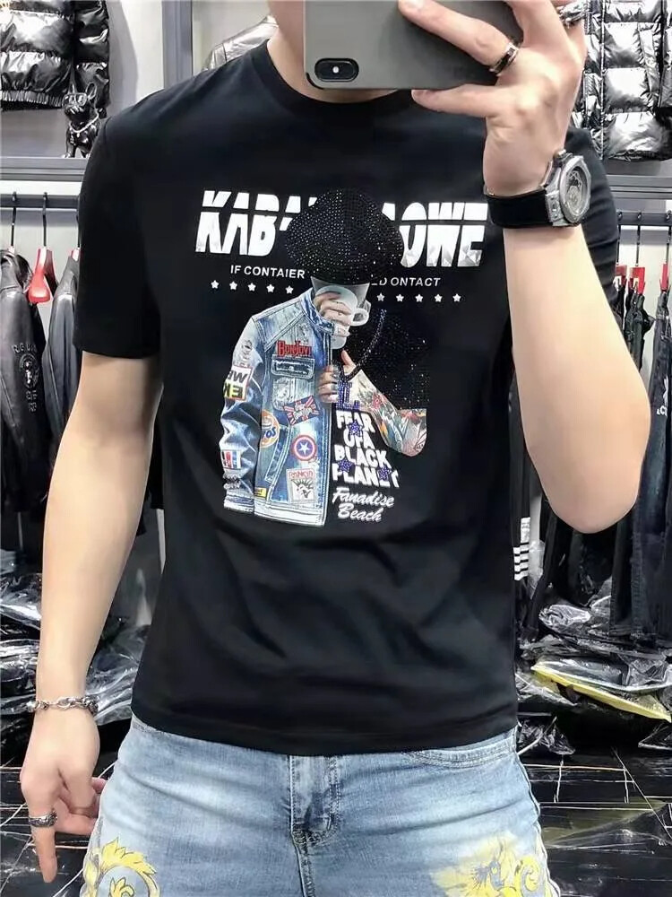 New Men Luxury Rhinestones Fashion Black White T-Shirt High Quality