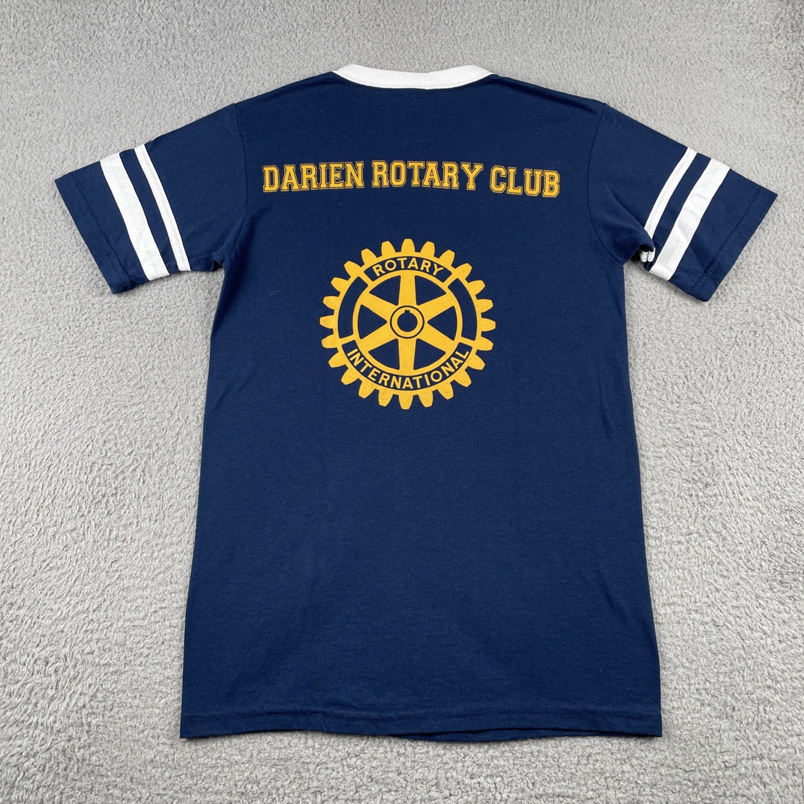 Vtg Augusta Sportswear Navy Blue Ringer V-Neck T Shirt Darien Rotary Club 90s